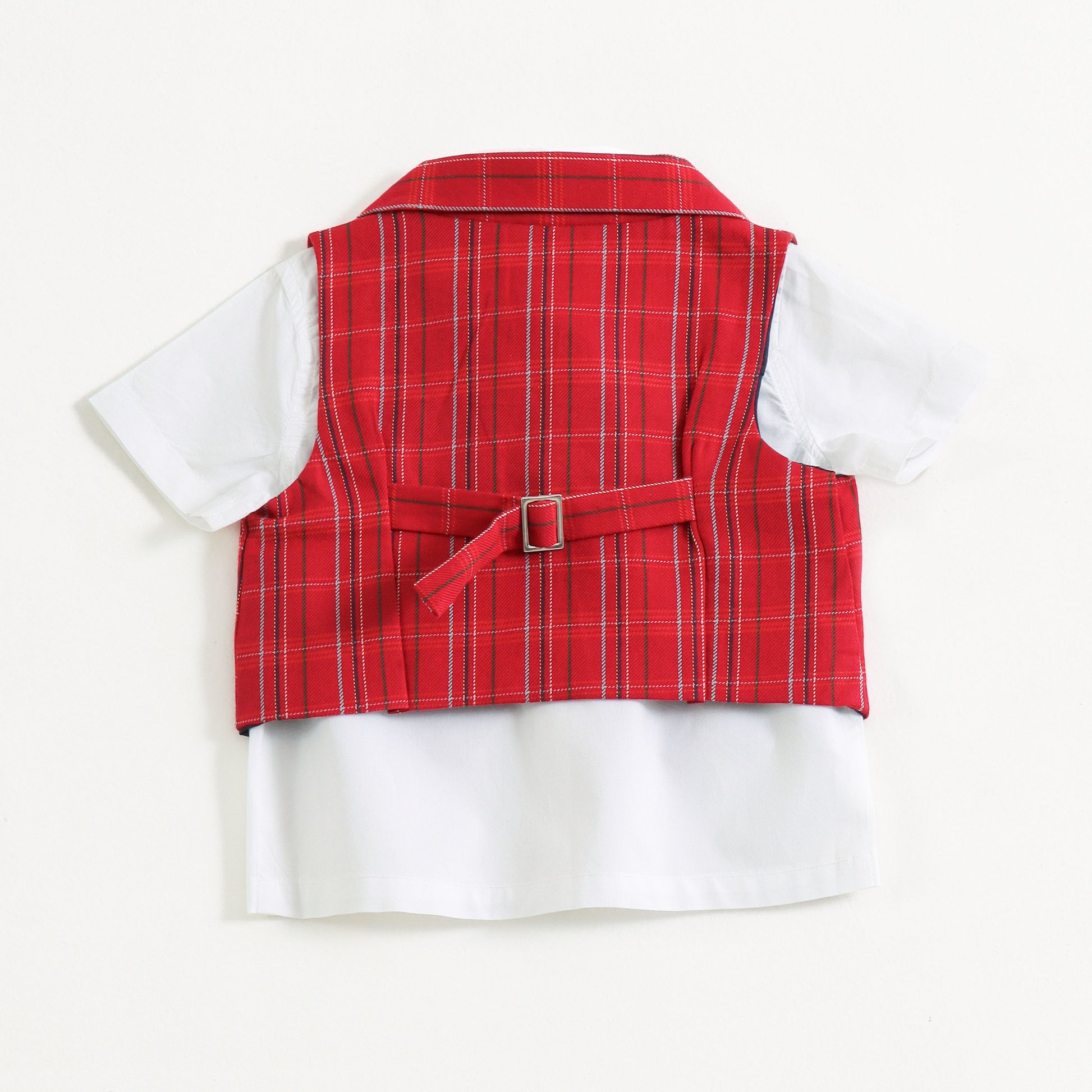 "Baby Boys Smart Party Outfit – Red Checks Waistcoat with White Shirt"