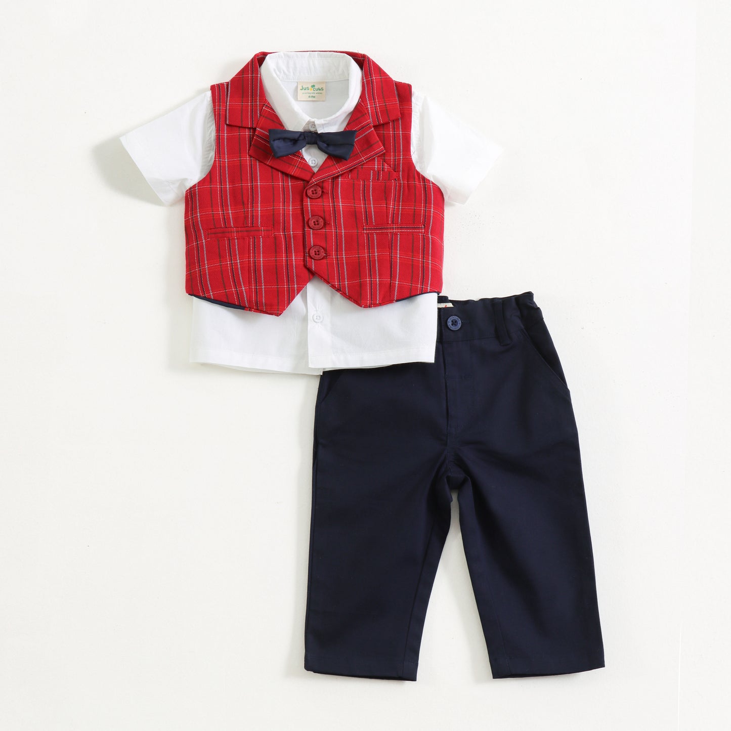 "Baby Boys Smart Party Outfit – Red Checks Waistcoat with White Shirt"