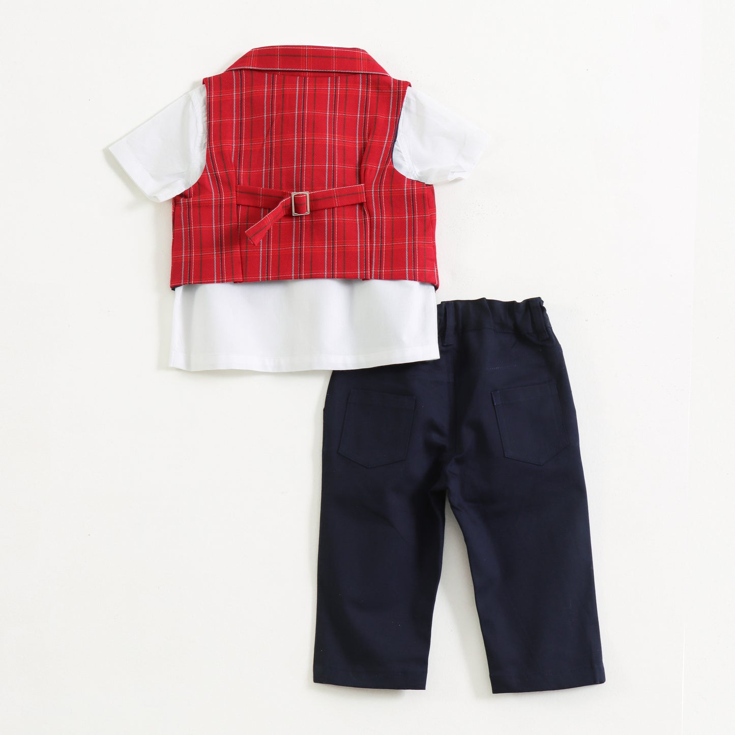 "Baby Boys Smart Party Outfit – Red Checks Waistcoat with White Shirt"