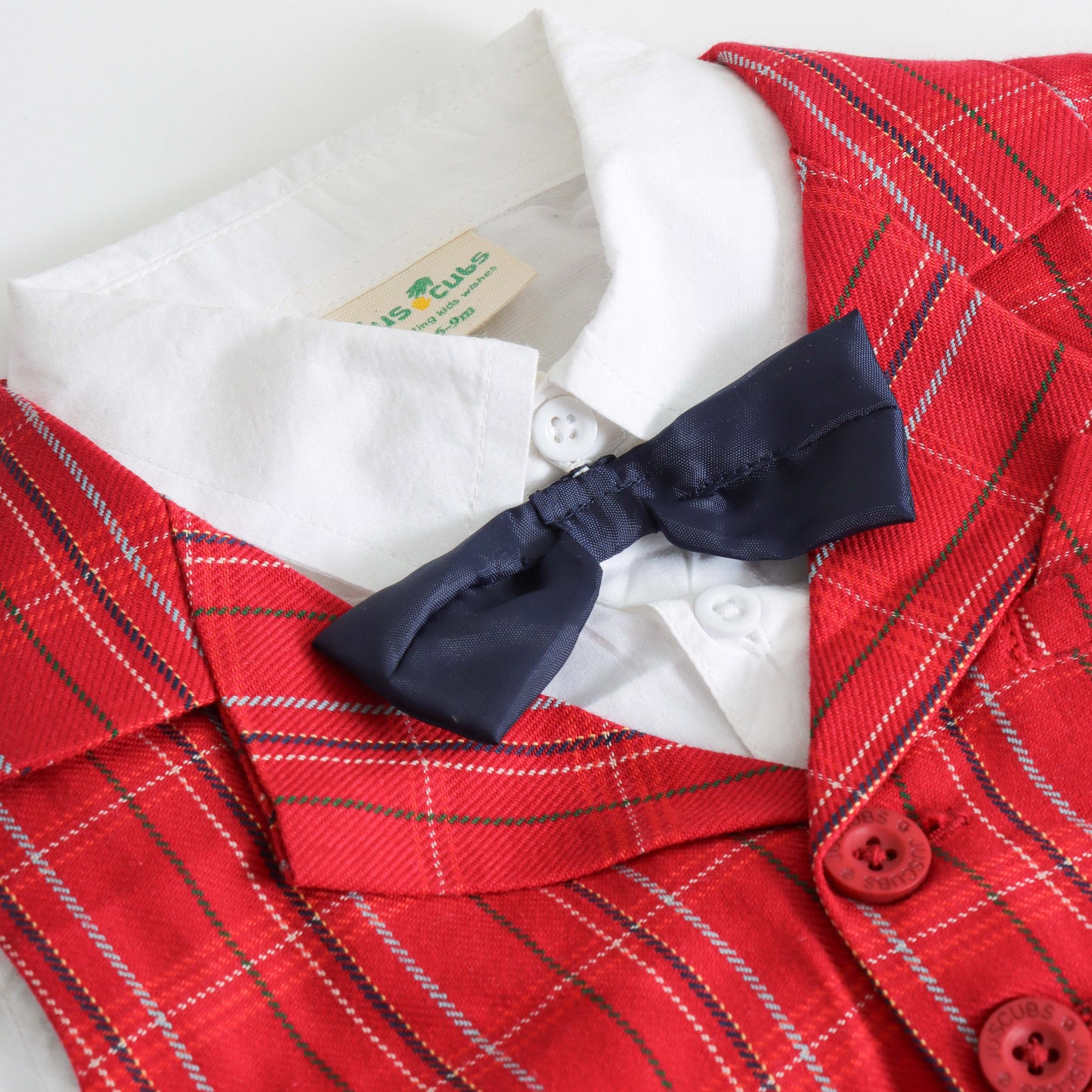"Baby Boys Smart Party Outfit – Red Checks Waistcoat with White Shirt"