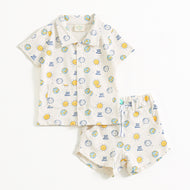 “Baby Boys Button Down Printed Shirt with Drawstring Shorts"