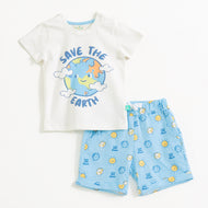 “Baby Boys White Graphic T-Shirt with Printed Blue Shorts Set"