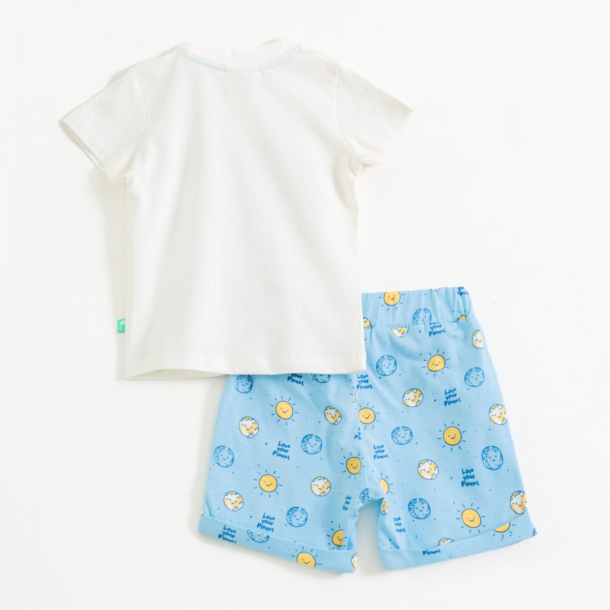 “Baby Boys White Graphic T-Shirt with Printed Blue Shorts Set"