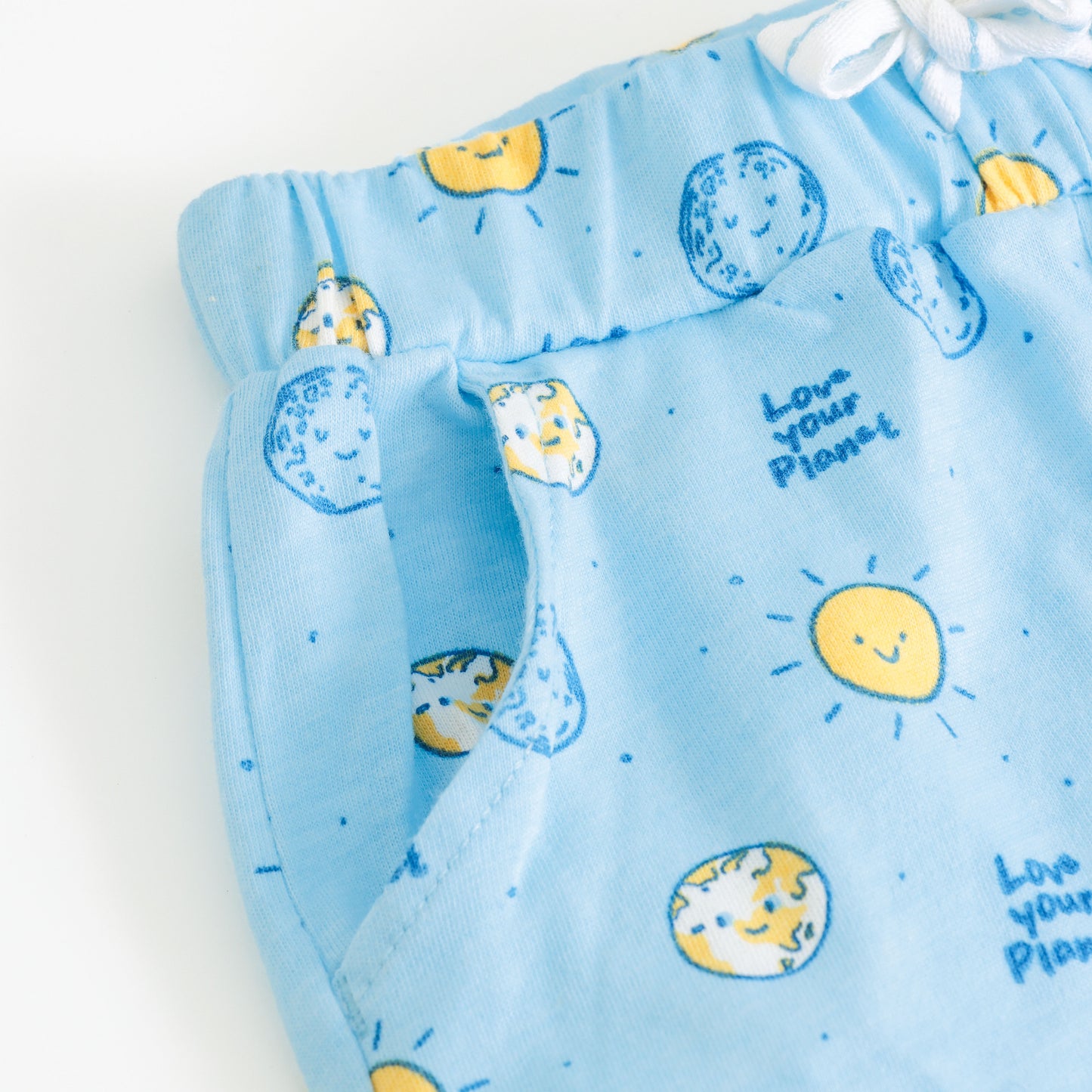 “Baby Boys White Graphic T-Shirt with Printed Blue Shorts Set"