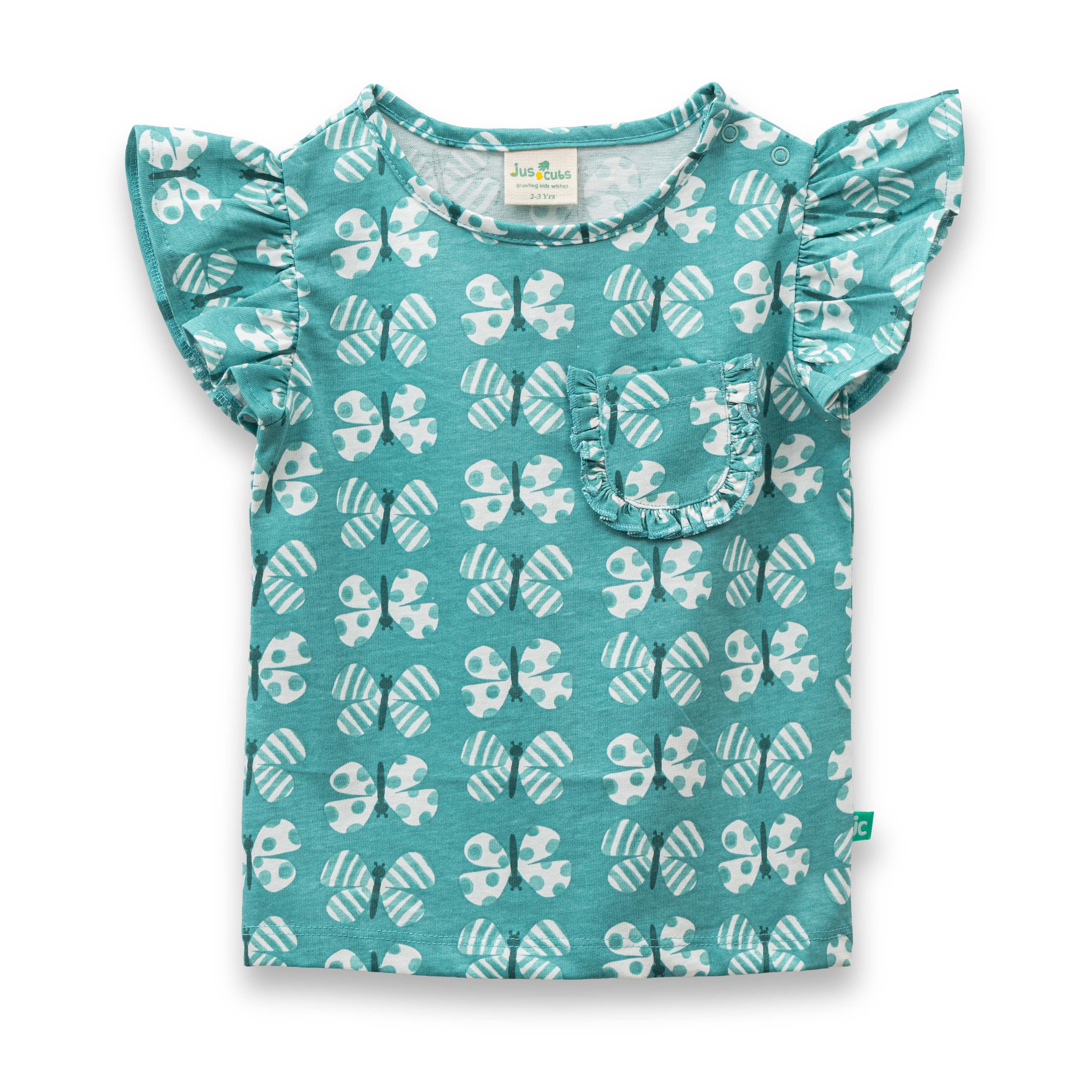"Baby Girls' Cotton Co-Ord Set – Printed Ruffle Sleeve Top & Shorts (Teal)"