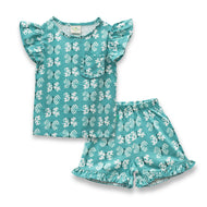 "Baby Girls' Cotton Co-Ord Set – Printed Ruffle Sleeve Top & Shorts (Teal)"