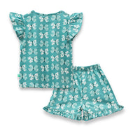 "Baby Girls' Cotton Co-Ord Set – Printed Ruffle Sleeve Top & Shorts (Teal)"