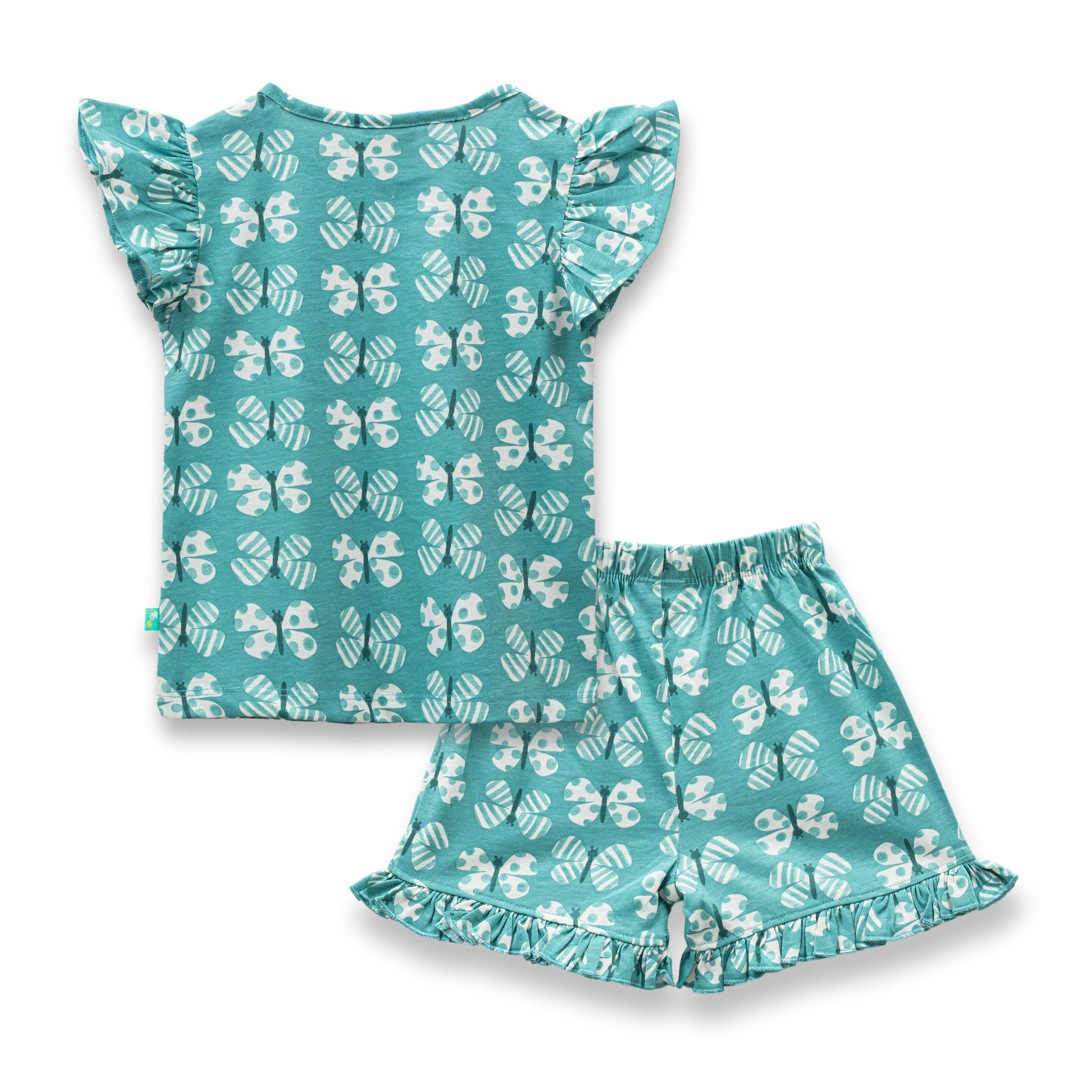 "Baby Girls' Cotton Co-Ord Set – Printed Ruffle Sleeve Top & Shorts (Teal)"