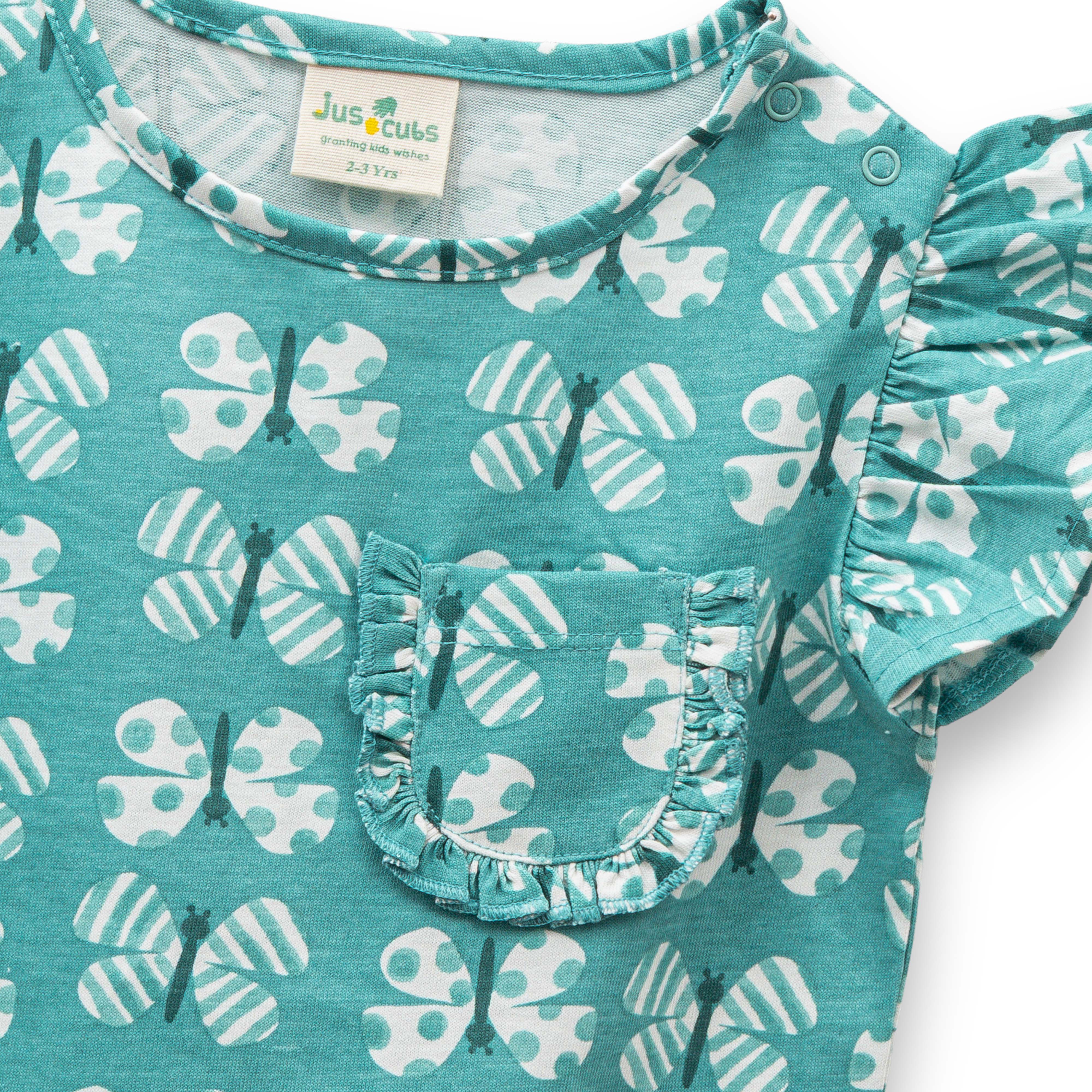 "Baby Girls' Cotton Co-Ord Set – Printed Ruffle Sleeve Top & Shorts (Teal)"