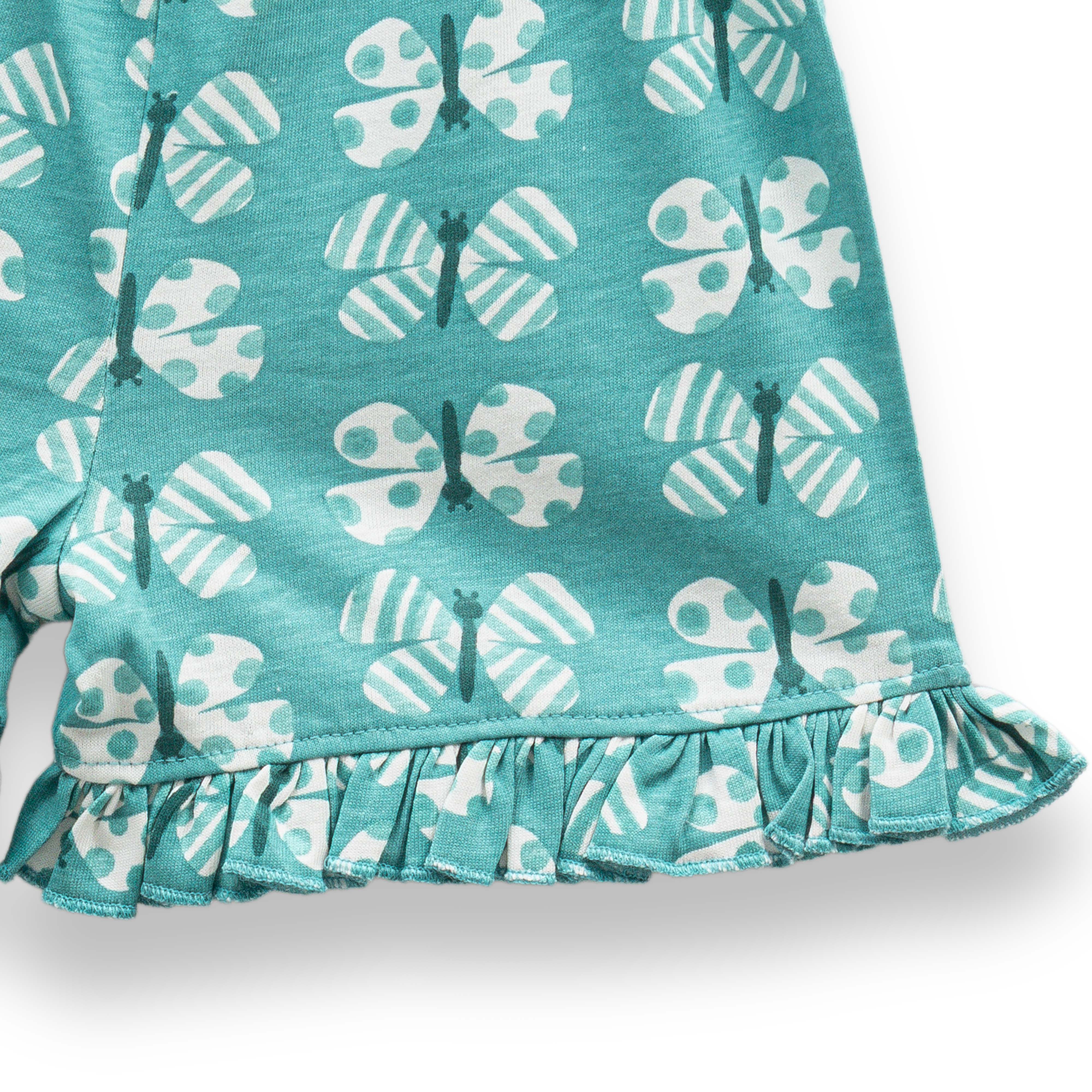 "Baby Girls' Cotton Co-Ord Set – Printed Ruffle Sleeve Top & Shorts (Teal)"