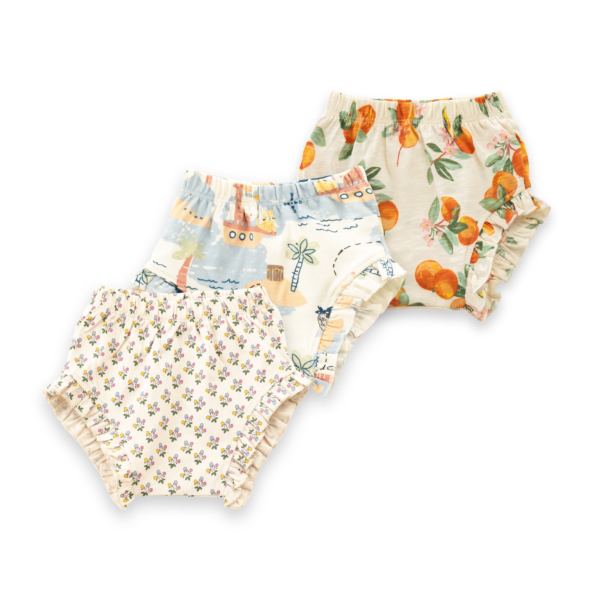 "Baby Girls' Printed Cotton Bloomer Shorts – Pack of 3 | Soft & Breathable with Ruffle Details"