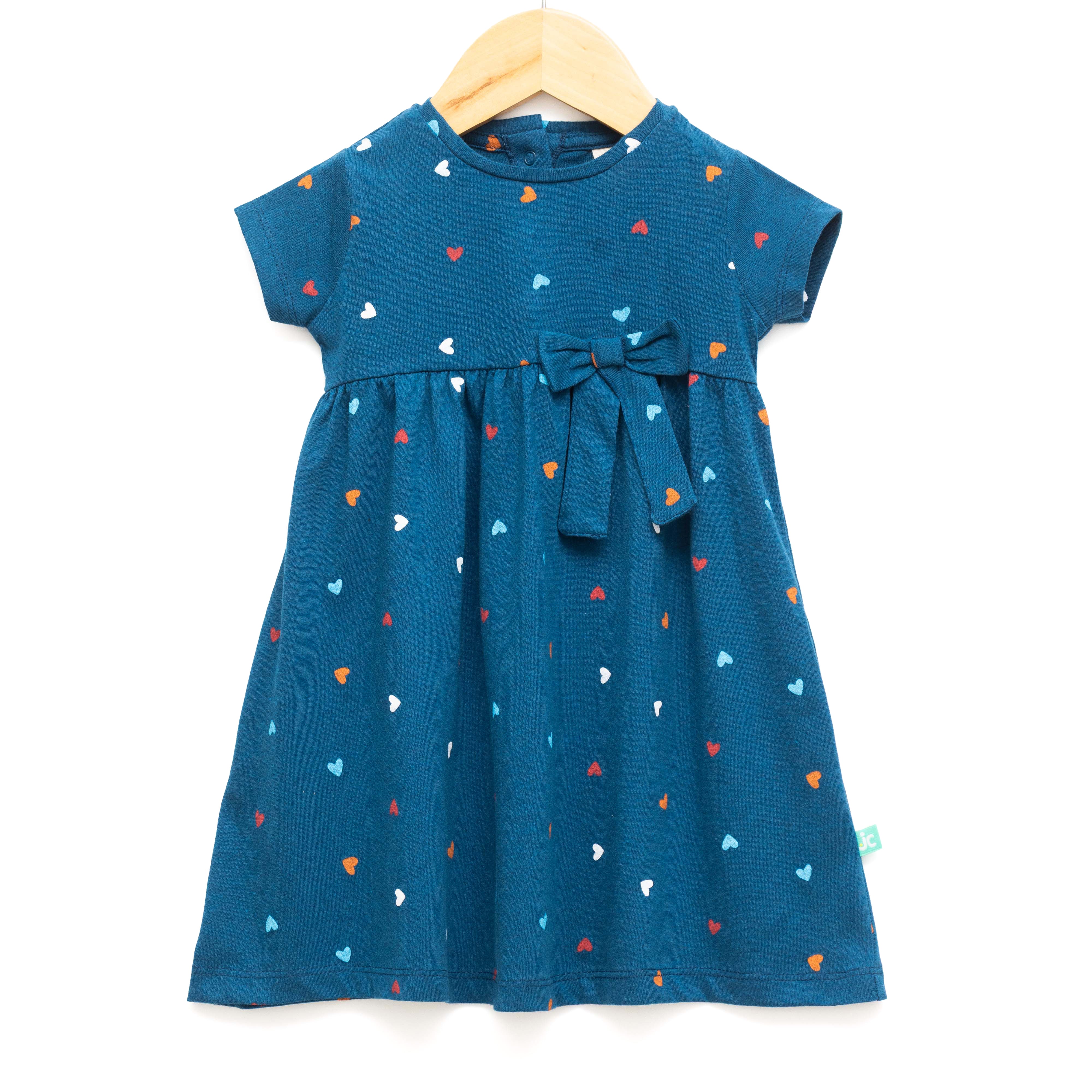 Baby Girls’ Cotton Fit and Flare Dress – Teal Blue with Multicolor Heart Print & Bow Detail