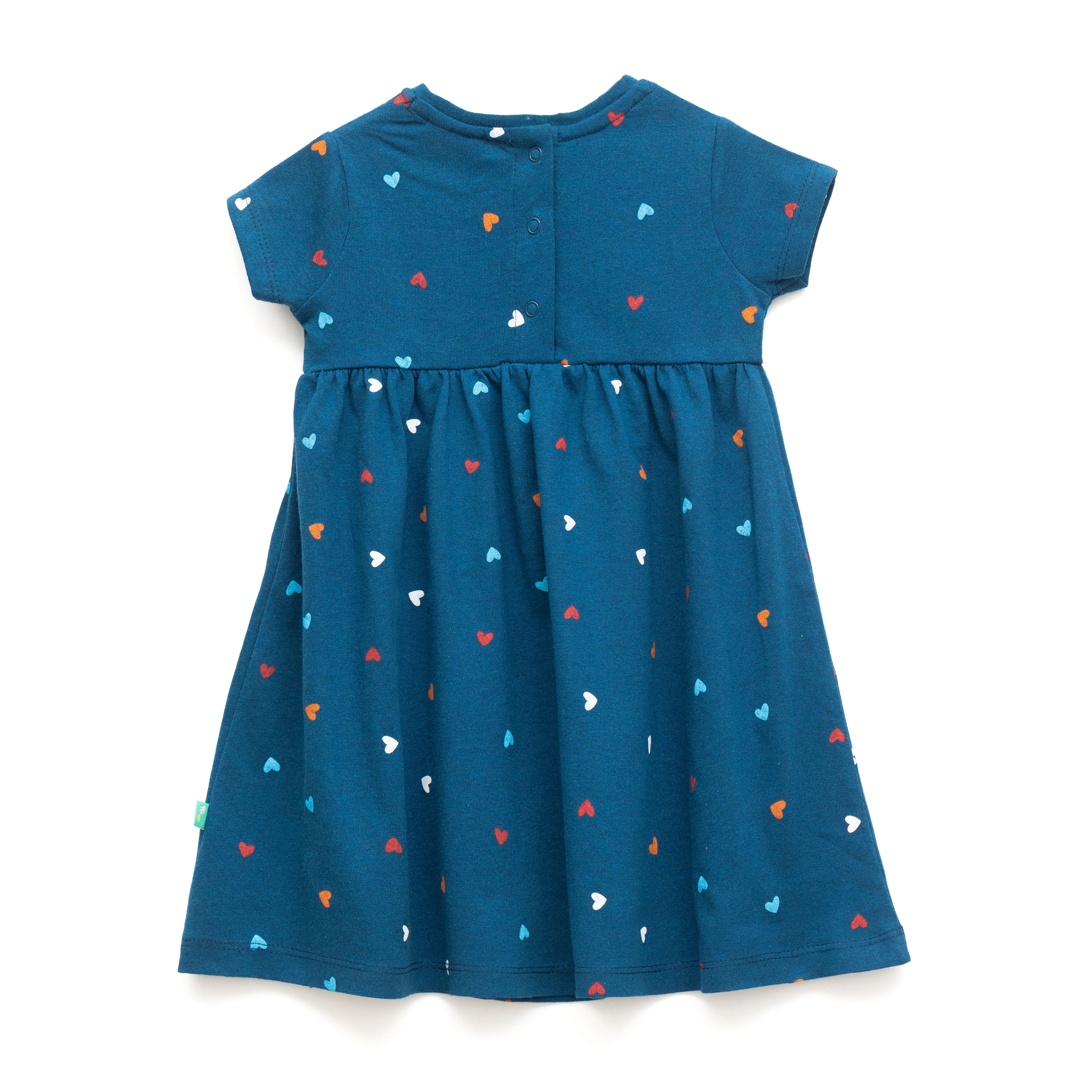 Baby Girls’ Cotton Fit and Flare Dress – Teal Blue with Multicolor Heart Print & Bow Detail