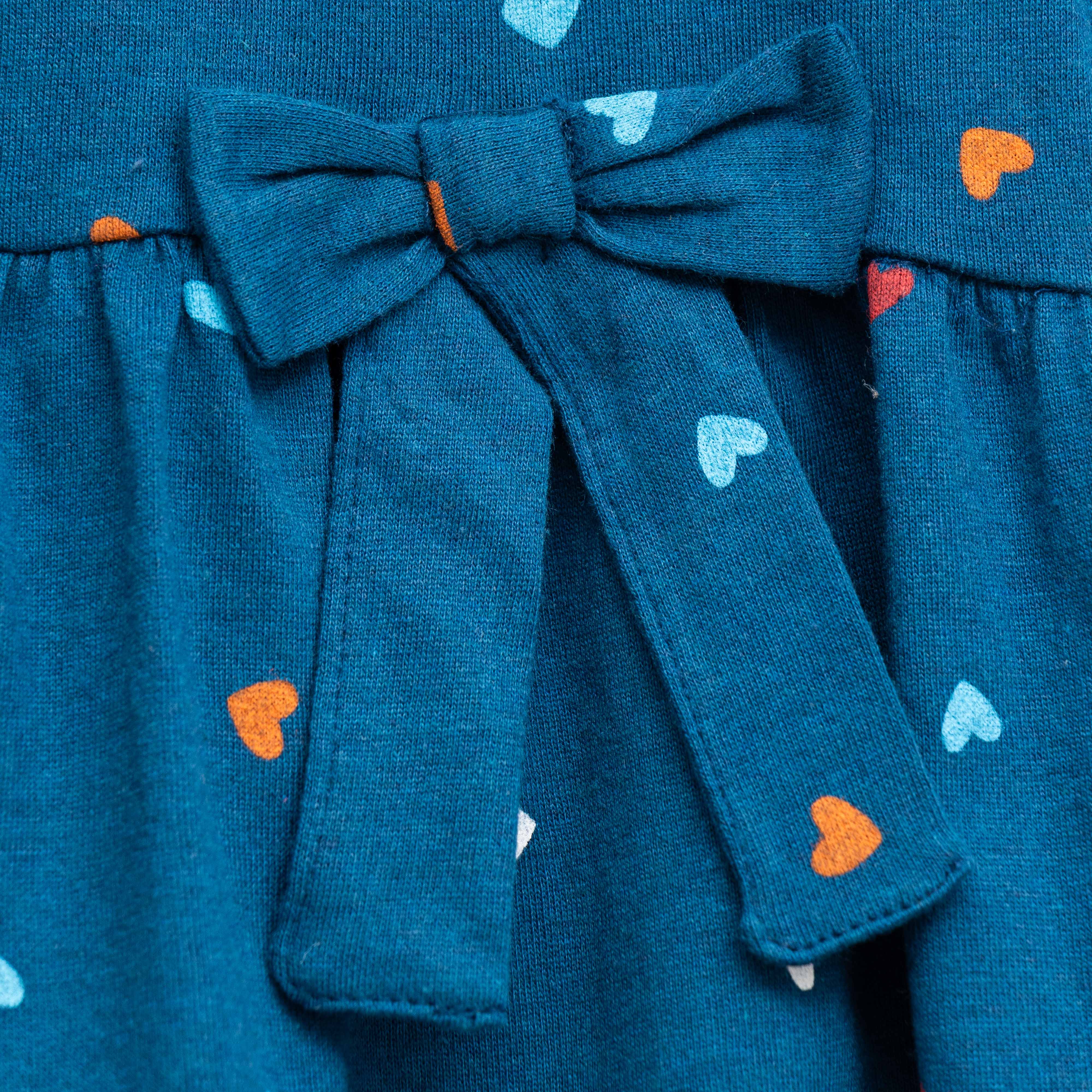 Baby Girls’ Cotton Fit and Flare Dress – Teal Blue with Multicolor Heart Print & Bow Detail