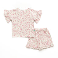Baby Girls' Floral Print Cotton Top and Shorts Set – Pink Rose Pattern with Ruffle Sleeves & Hem