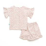 Baby Girls' Floral Print Cotton Top and Shorts Set – Pink Rose Pattern with Ruffle Sleeves & Hem