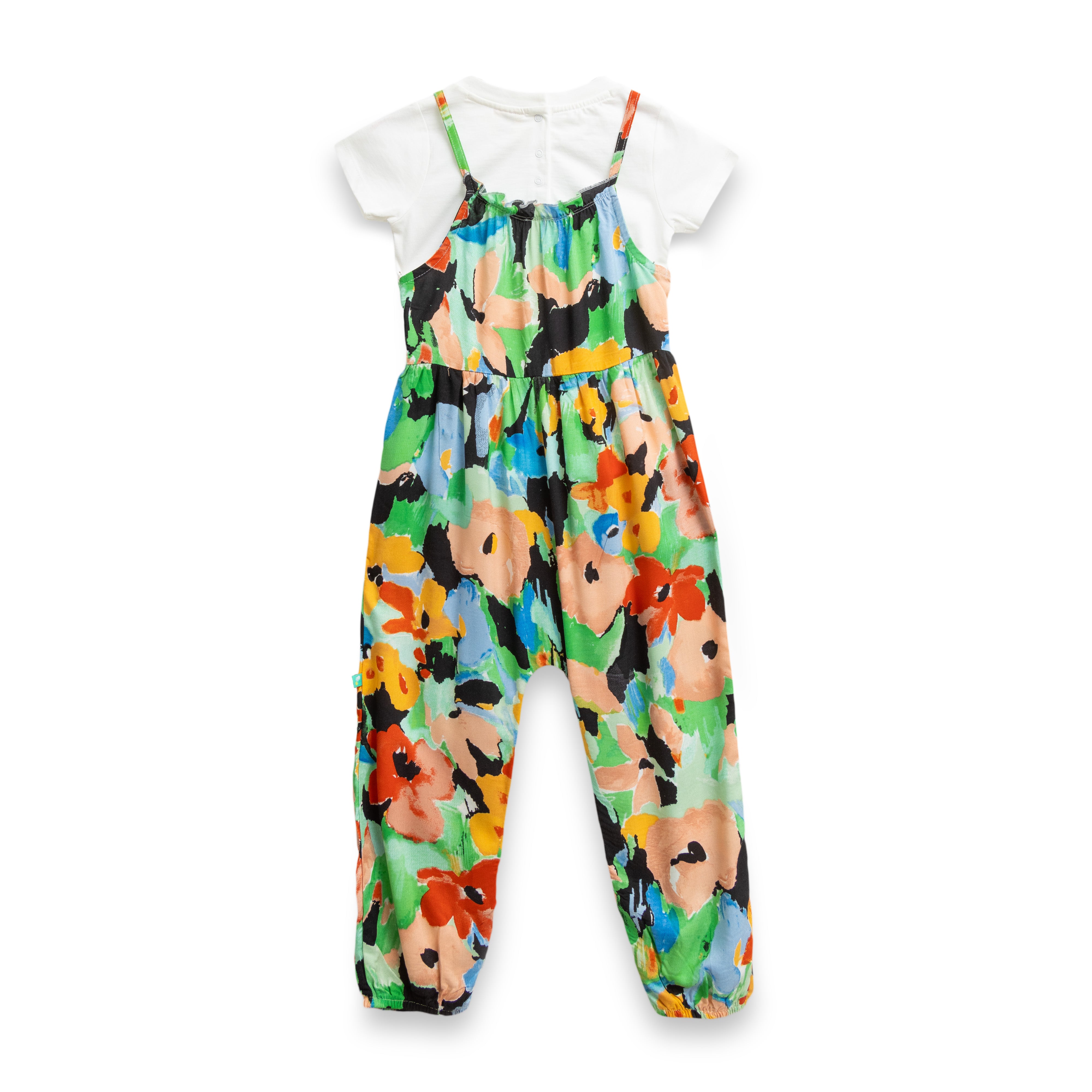 Baby Girls' Floral Printed Dungaree with White Tee – Multicolor Sleeveless Layered Set