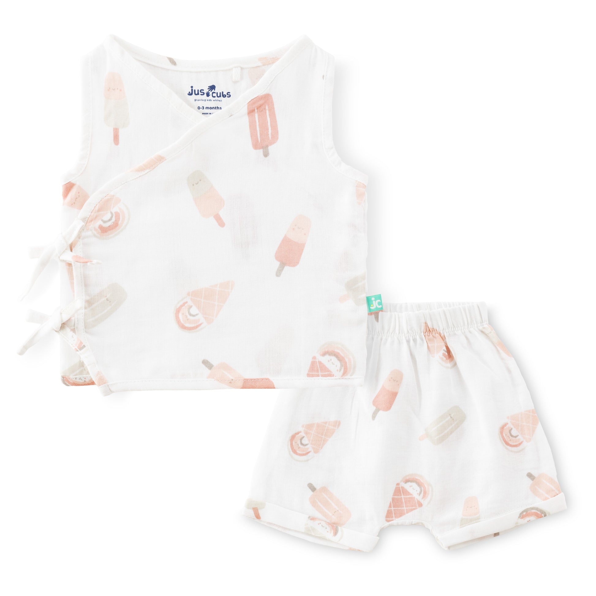 "Baby Girls Ice Cream Print Cotton Angrakha Set – White Sleeveless Top & Shorts"