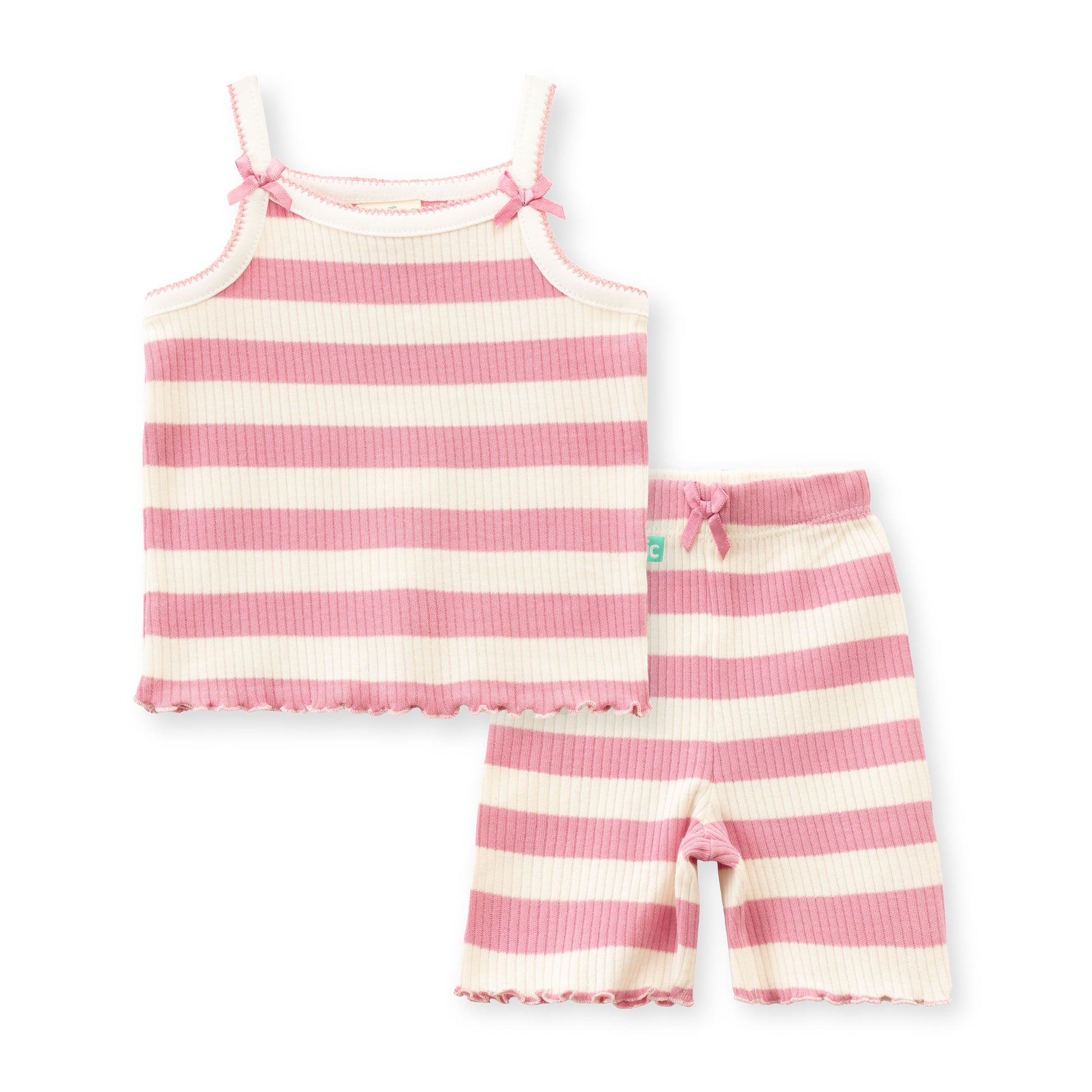 "Baby Girls' Pink & White Striped Ribbed Cotton Sleeveless  Camisole and Shorts Set"
