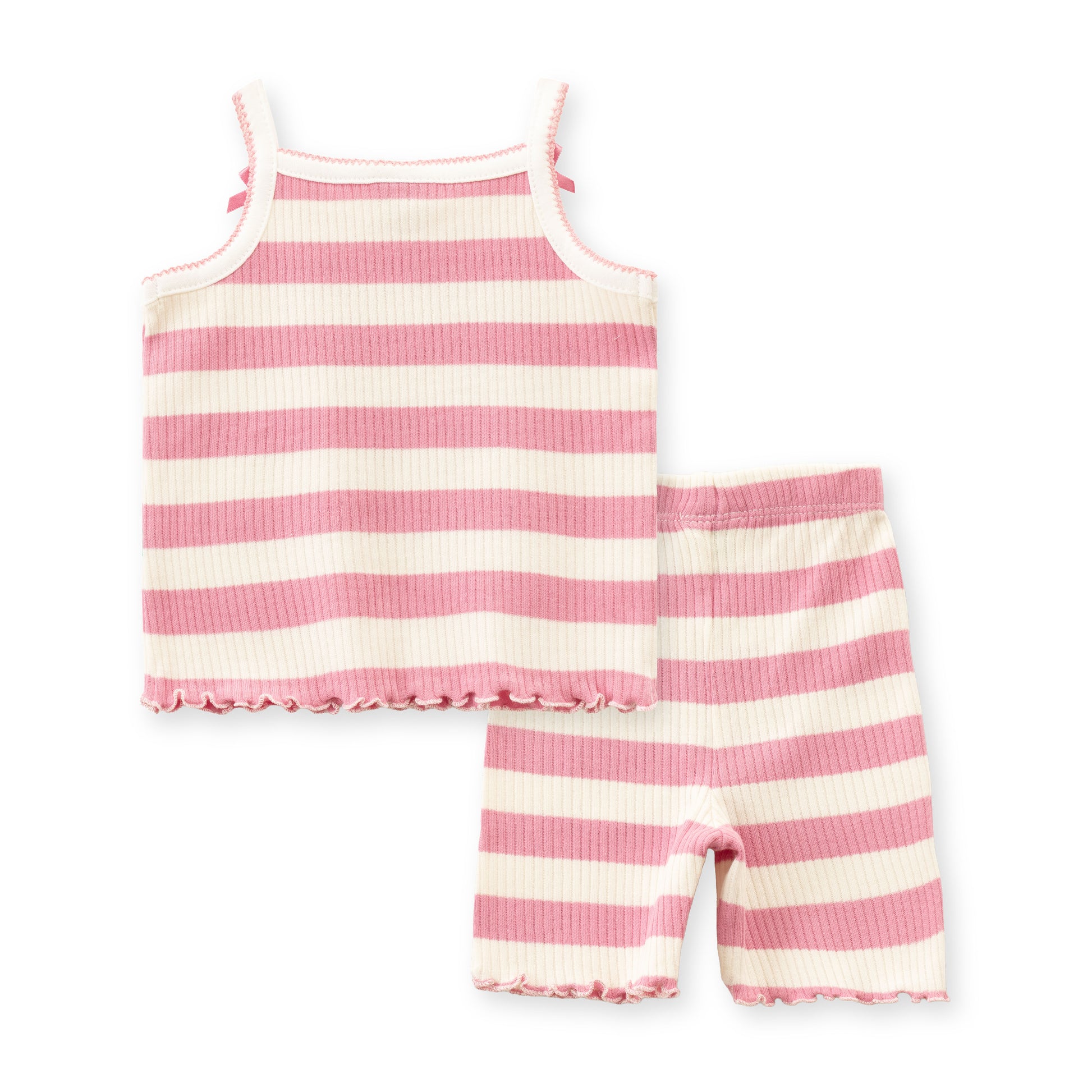 "Baby Girls' Pink & White Striped Ribbed Cotton Sleeveless  Camisole and Shorts Set"