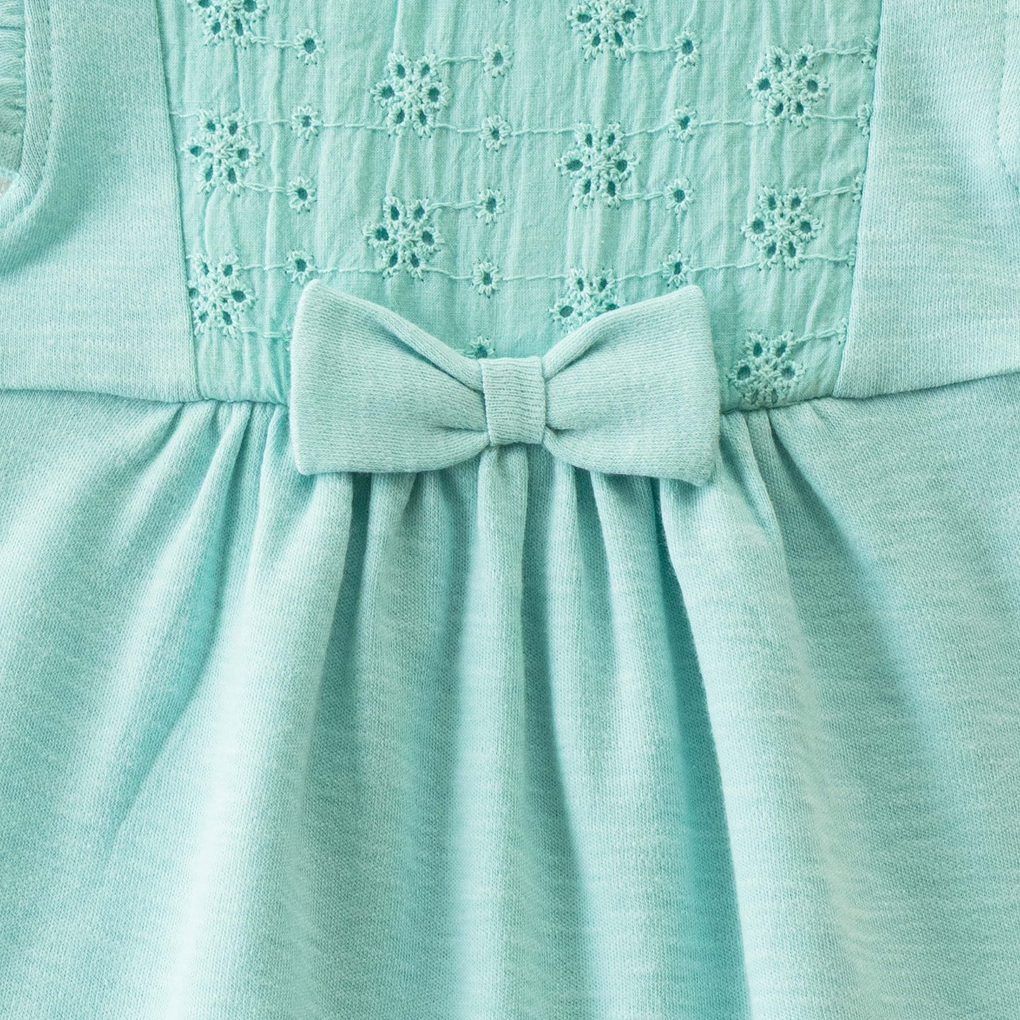 "Baby Girls Mint Green Cotton Romper with Embroidered Yoke & Bow – Flutter Sleeves"