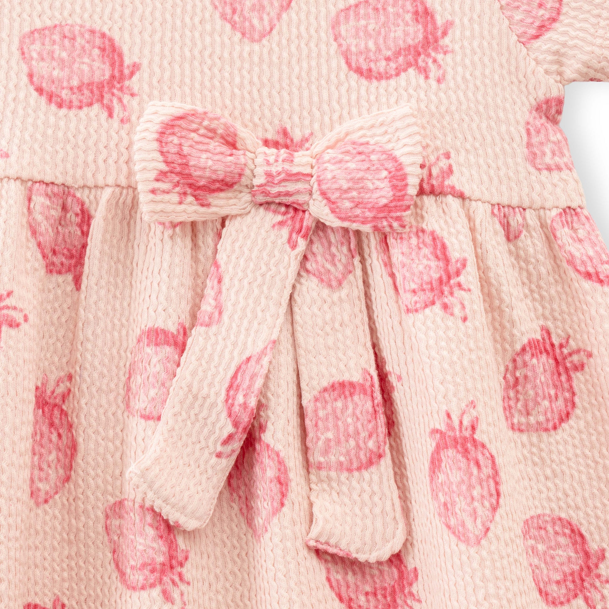 "Baby Girls Pink Strawberry Print Cotton Dress with Bow – Short Sleeve"