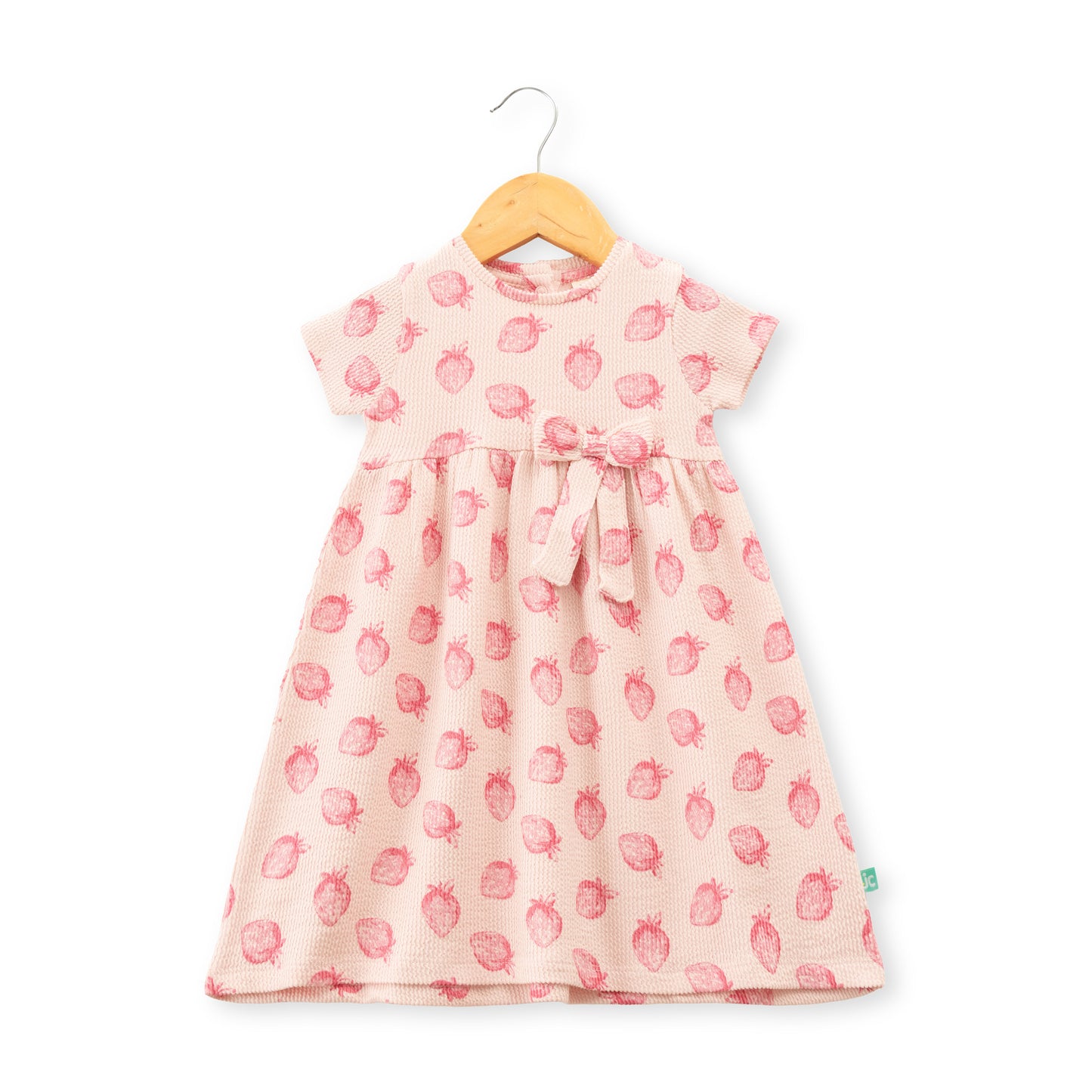 "Baby Girls Pink Strawberry Print Cotton Dress with Bow – Short Sleeve"
