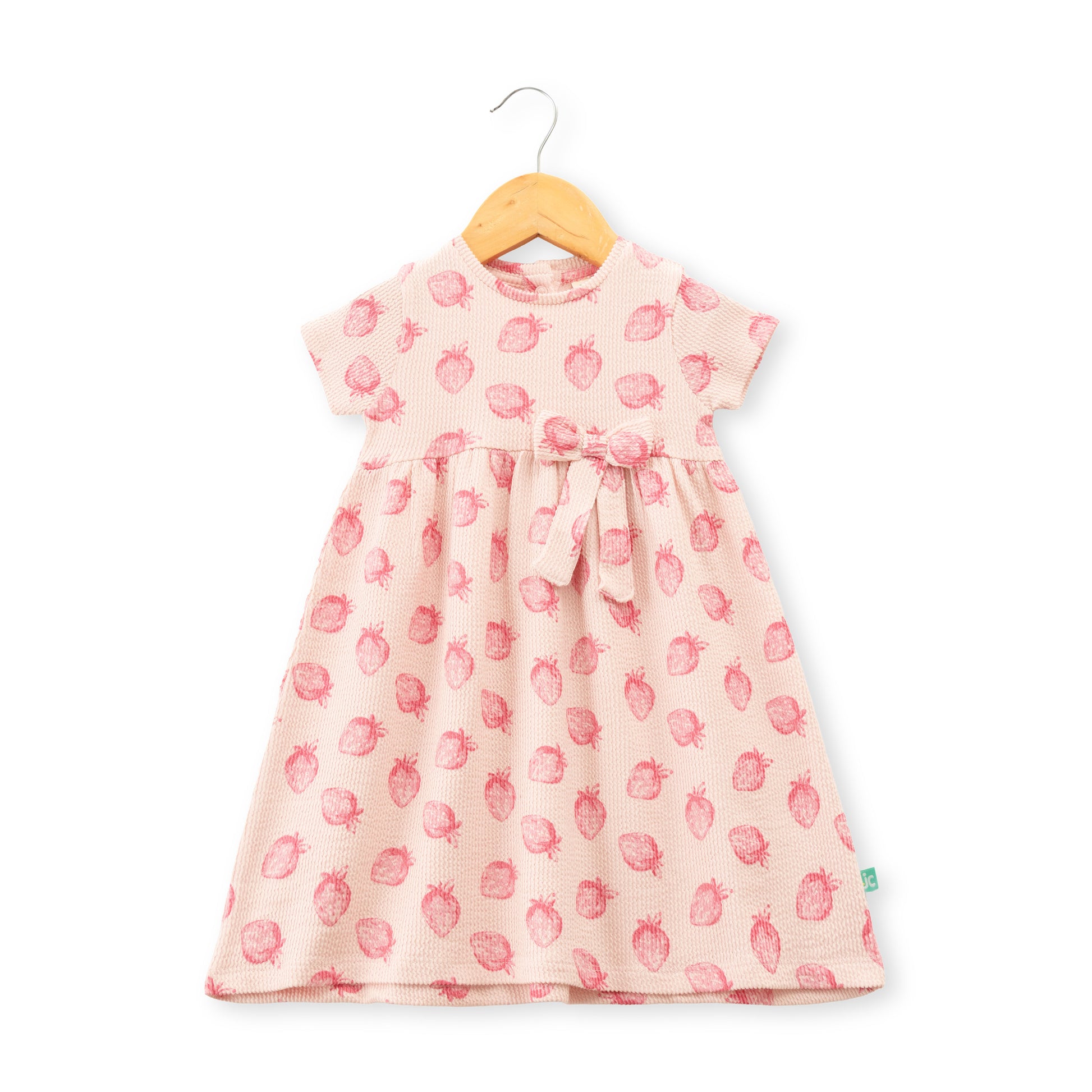 "Baby Girls Pink Strawberry Print Cotton Dress with Bow – Short Sleeve"