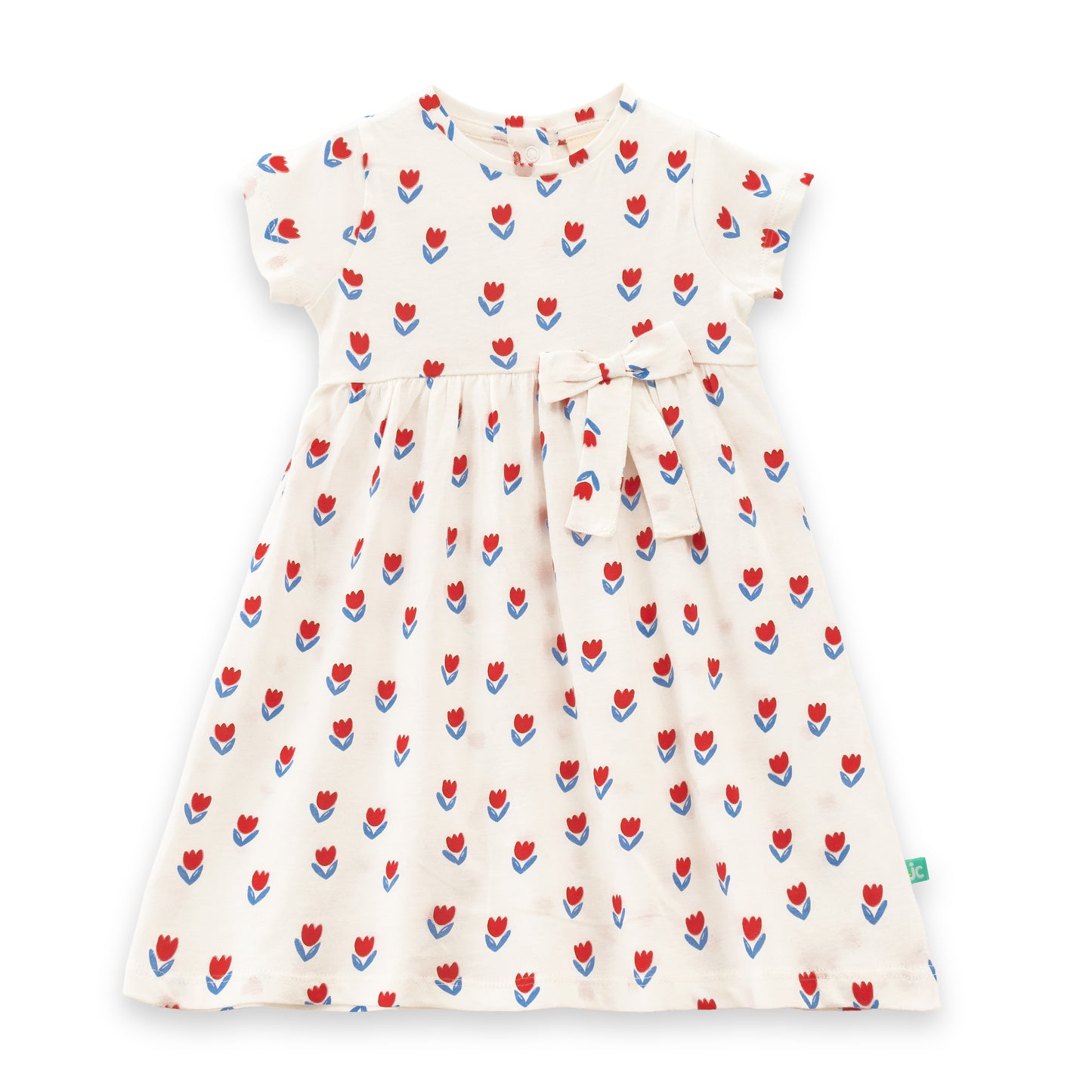 "Baby Girls Cream Tulip Print Cotton Dress with Bow – Short Sleeve"