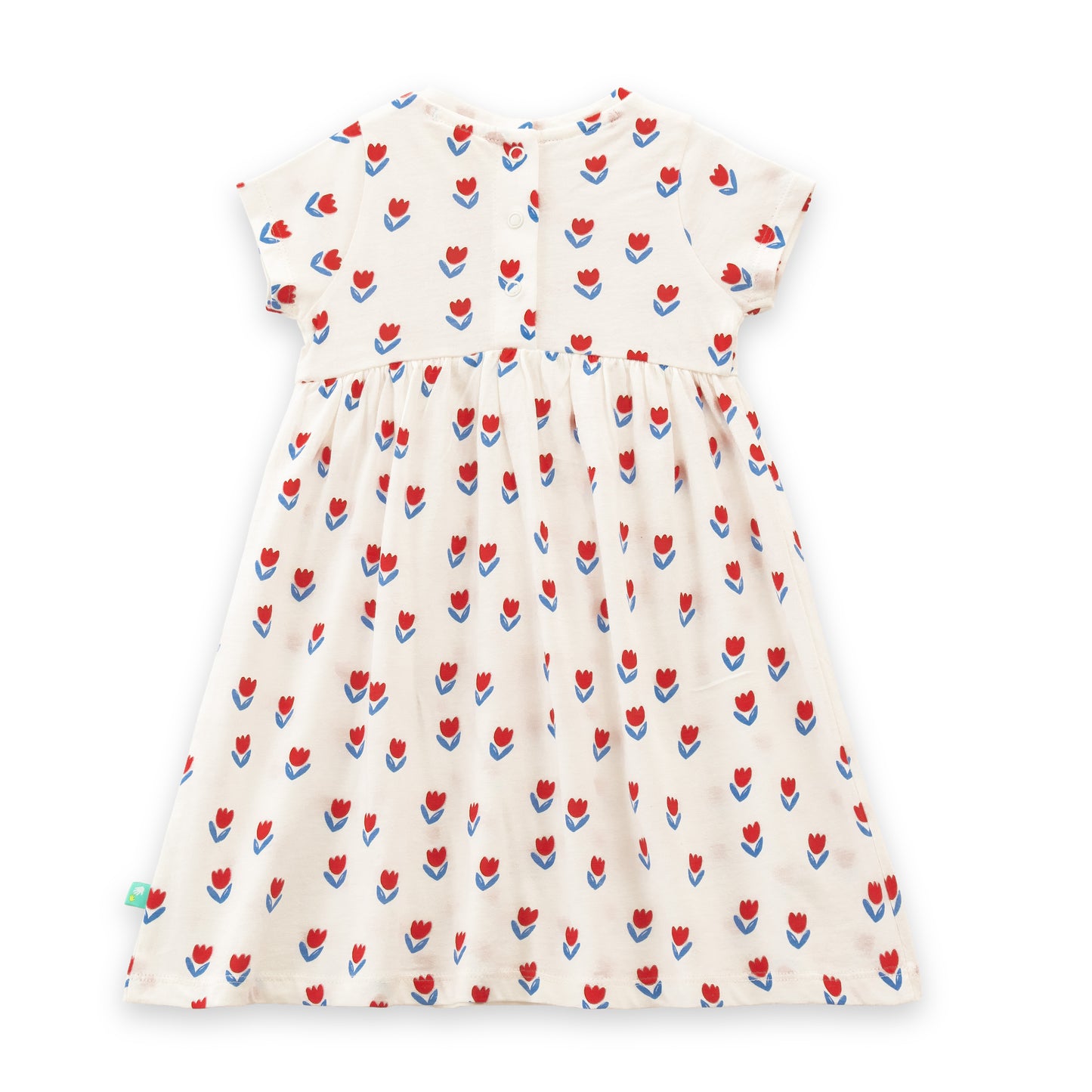 "Baby Girls Cream Tulip Print Cotton Dress with Bow – Short Sleeve"