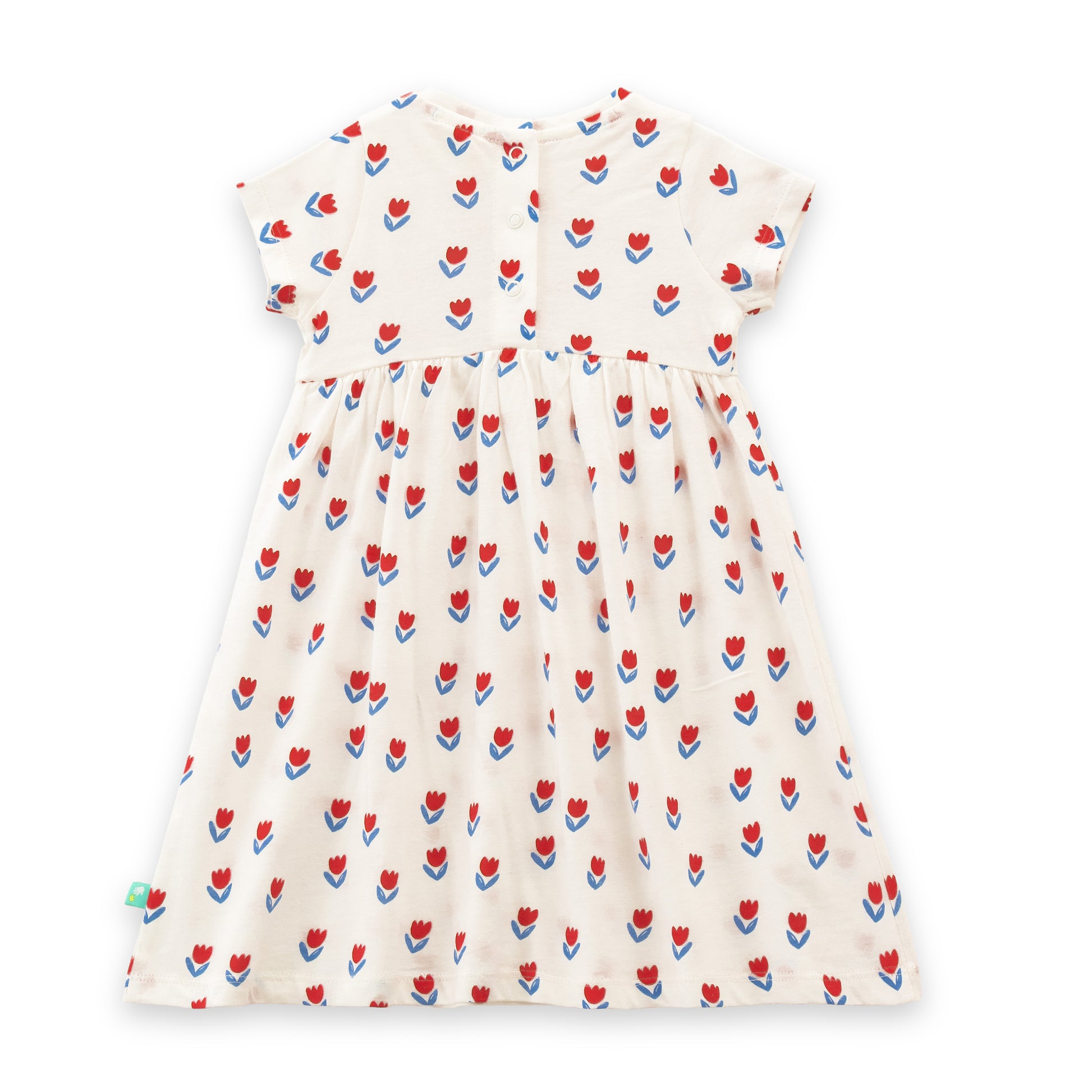 "Baby Girls Cream Tulip Print Cotton Dress with Bow – Short Sleeve"