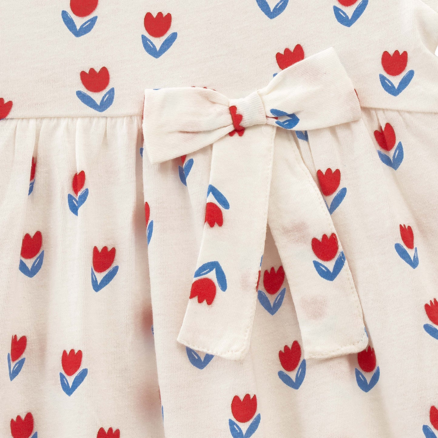"Baby Girls Cream Tulip Print Cotton Dress with Bow – Short Sleeve"