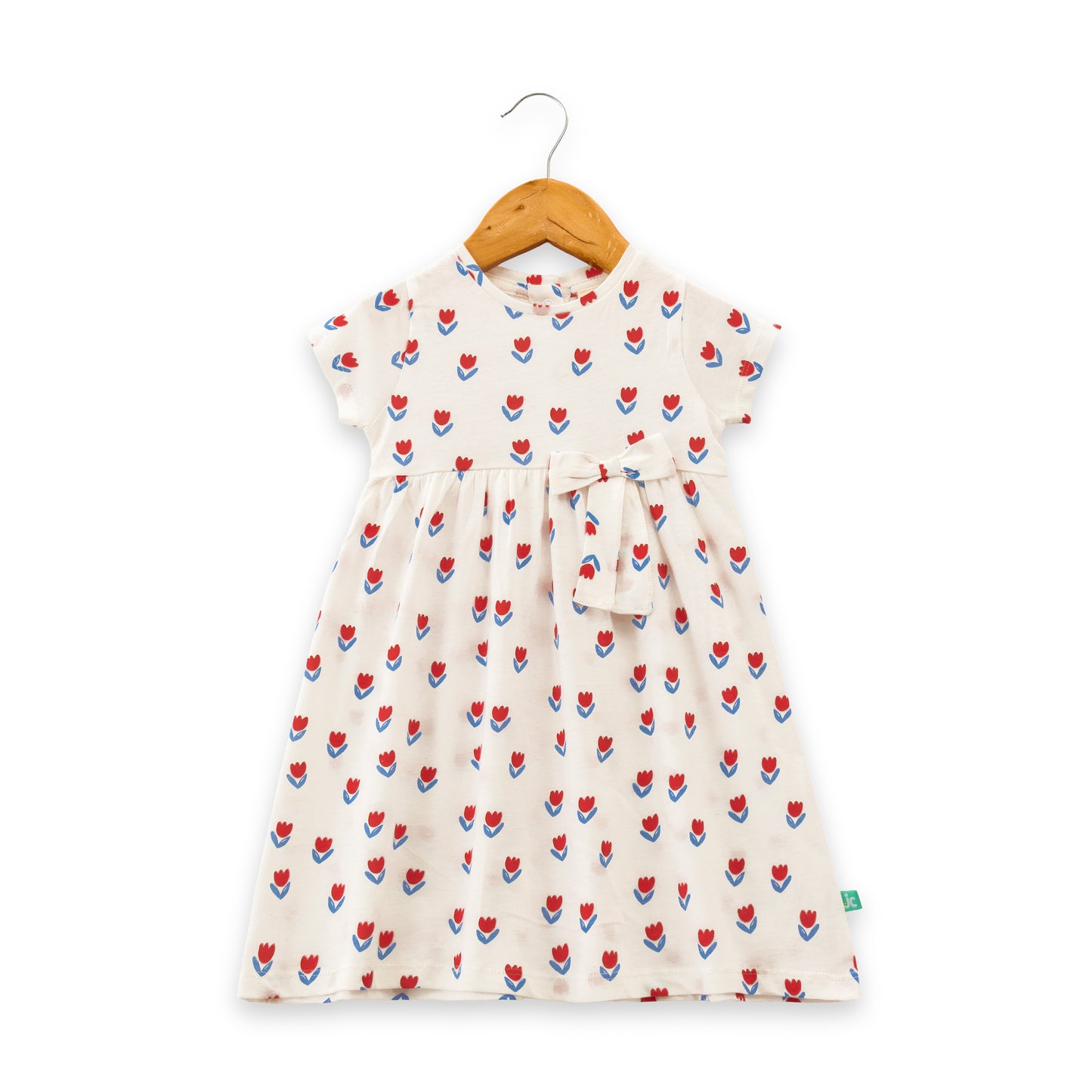 "Baby Girls Cream Tulip Print Cotton Dress with Bow – Short Sleeve"