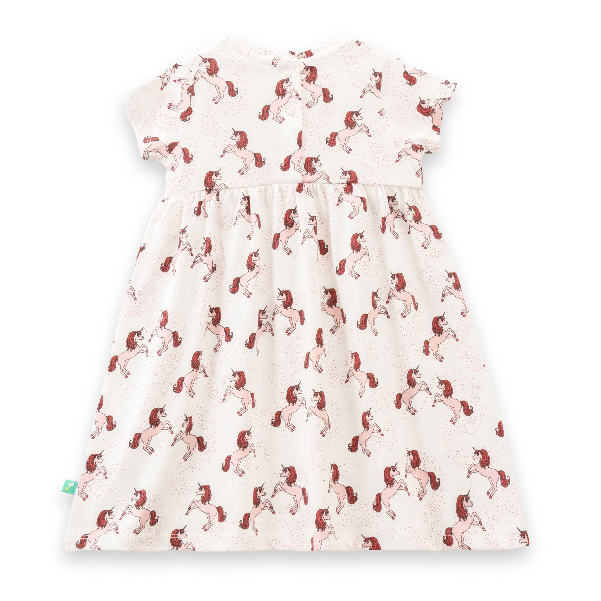 "Baby Girls Cream Unicorn Print Cotton Dress with Bow – Short Sleeve"
