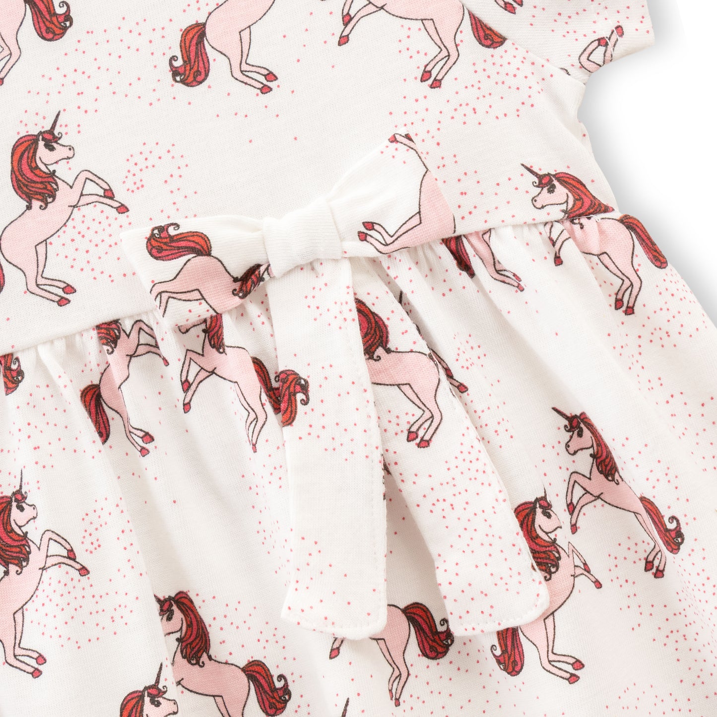 "Baby Girls Cream Unicorn Print Cotton Dress with Bow – Short Sleeve"