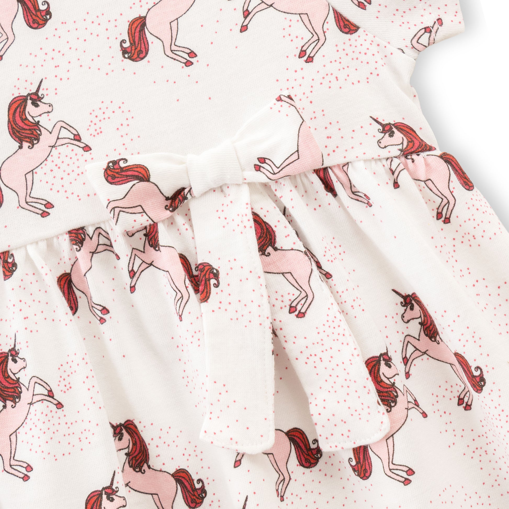 "Baby Girls Cream Unicorn Print Cotton Dress with Bow – Short Sleeve"