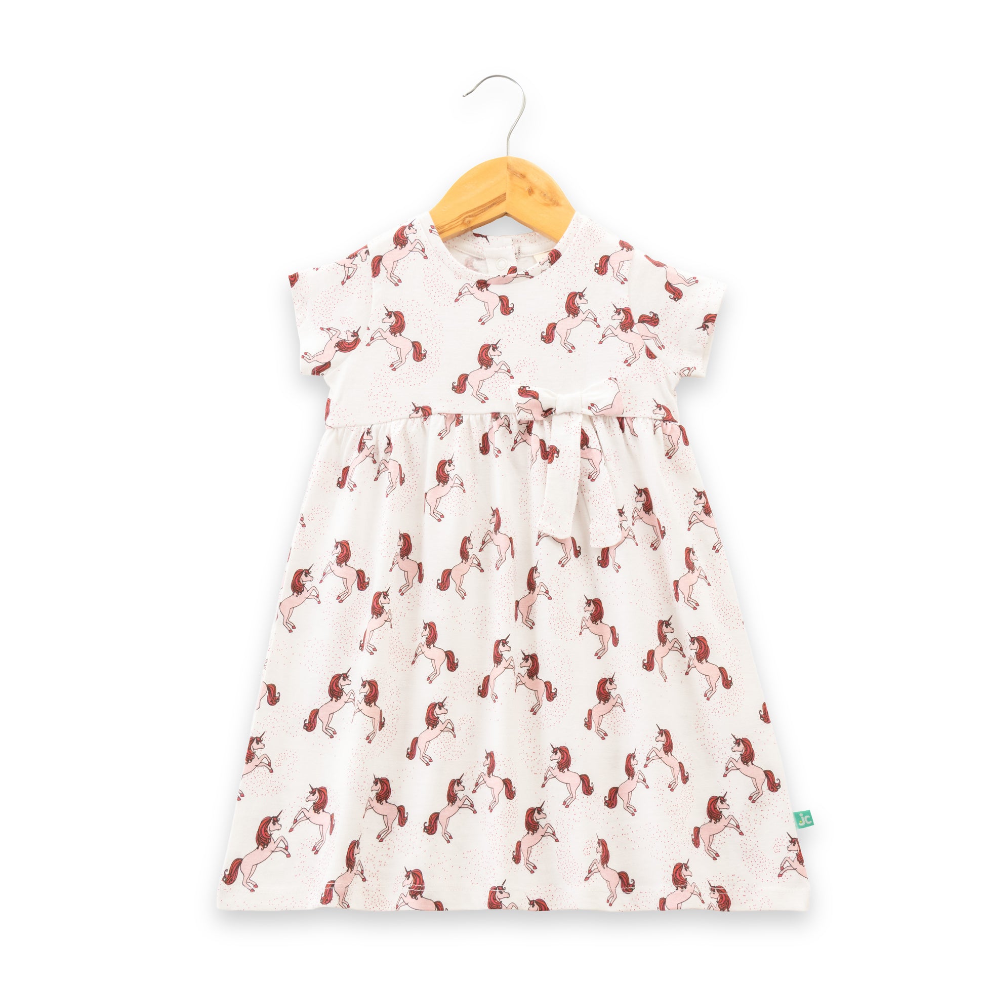 "Baby Girls Cream Unicorn Print Cotton Dress with Bow – Short Sleeve"