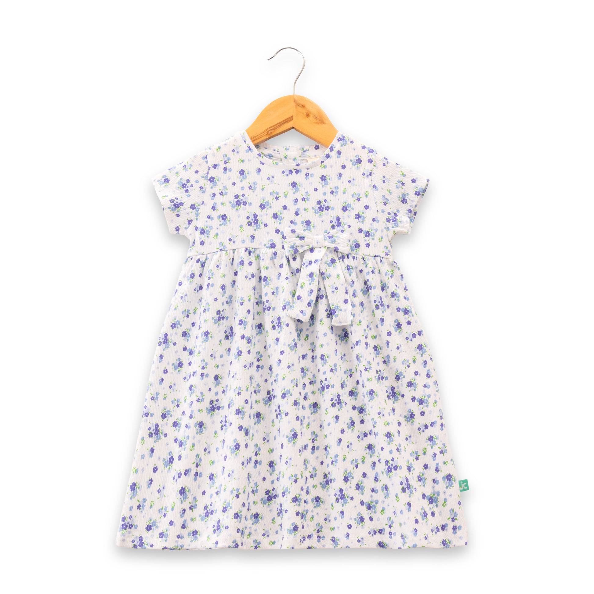 "Baby Girls White Floral Print Cotton Dress with Bow – Short Sleeve"