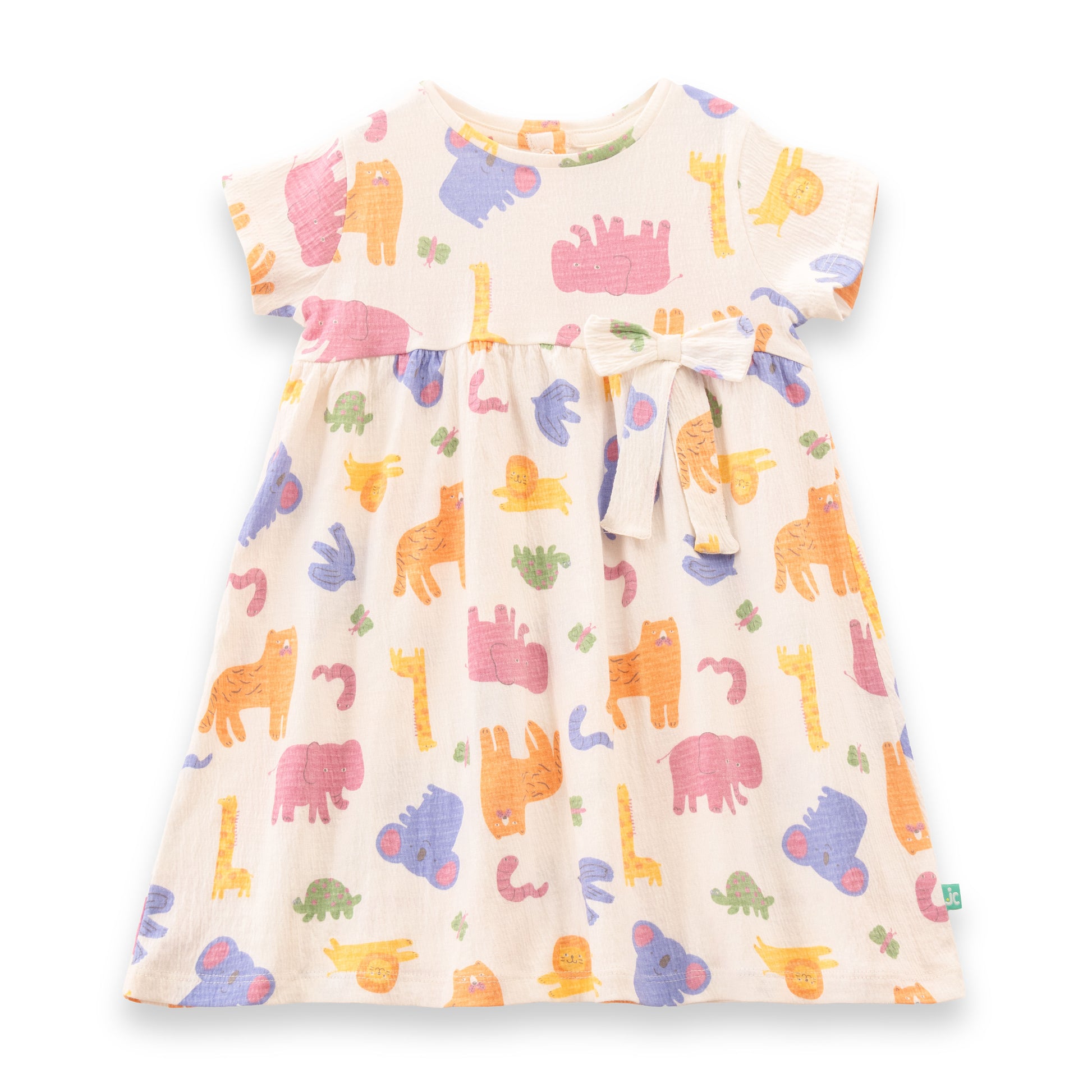 "Baby Girls Multicolor Jungle Animal Print Cotton Dress with Bow – Short Sleeve"