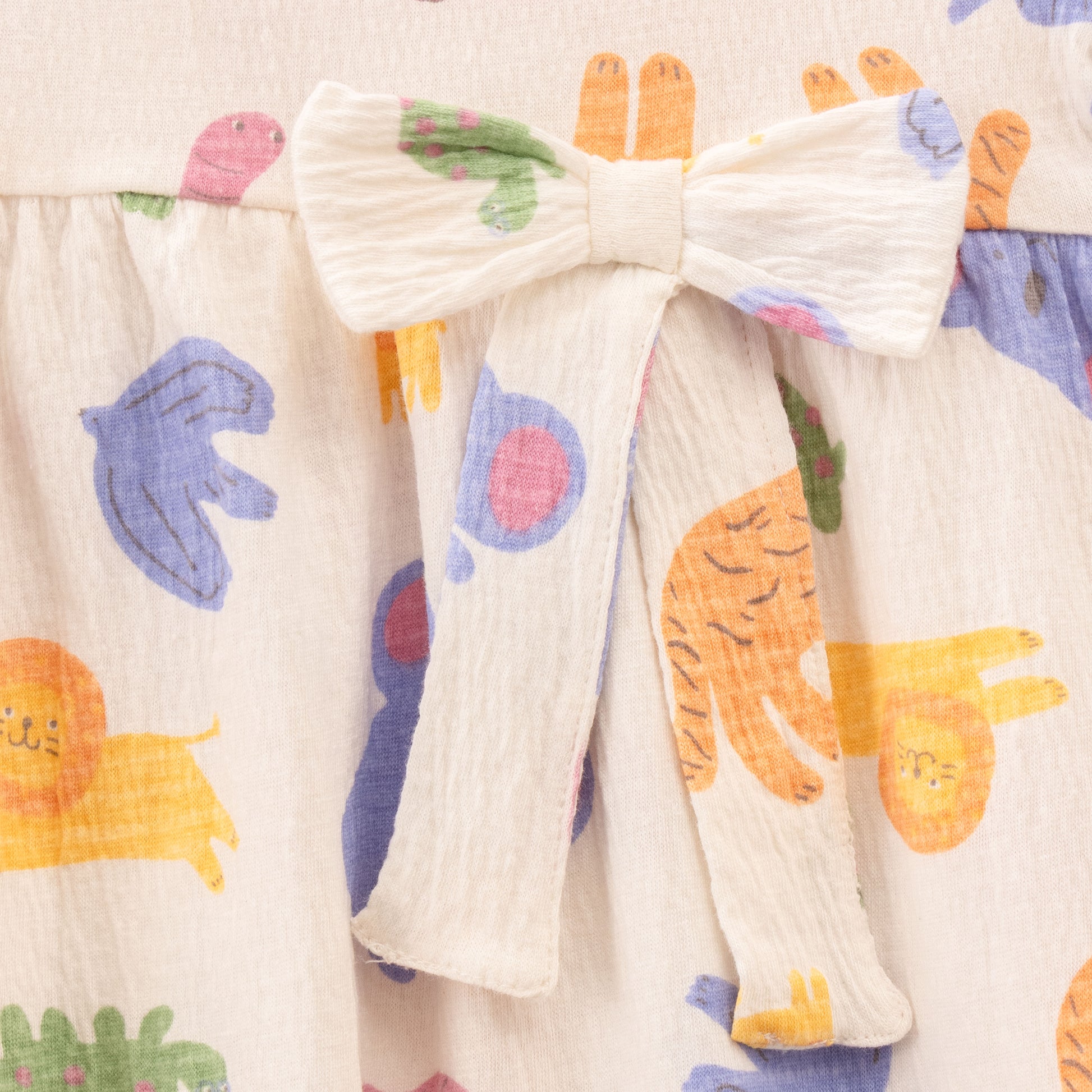 "Baby Girls Multicolor Jungle Animal Print Cotton Dress with Bow – Short Sleeve"