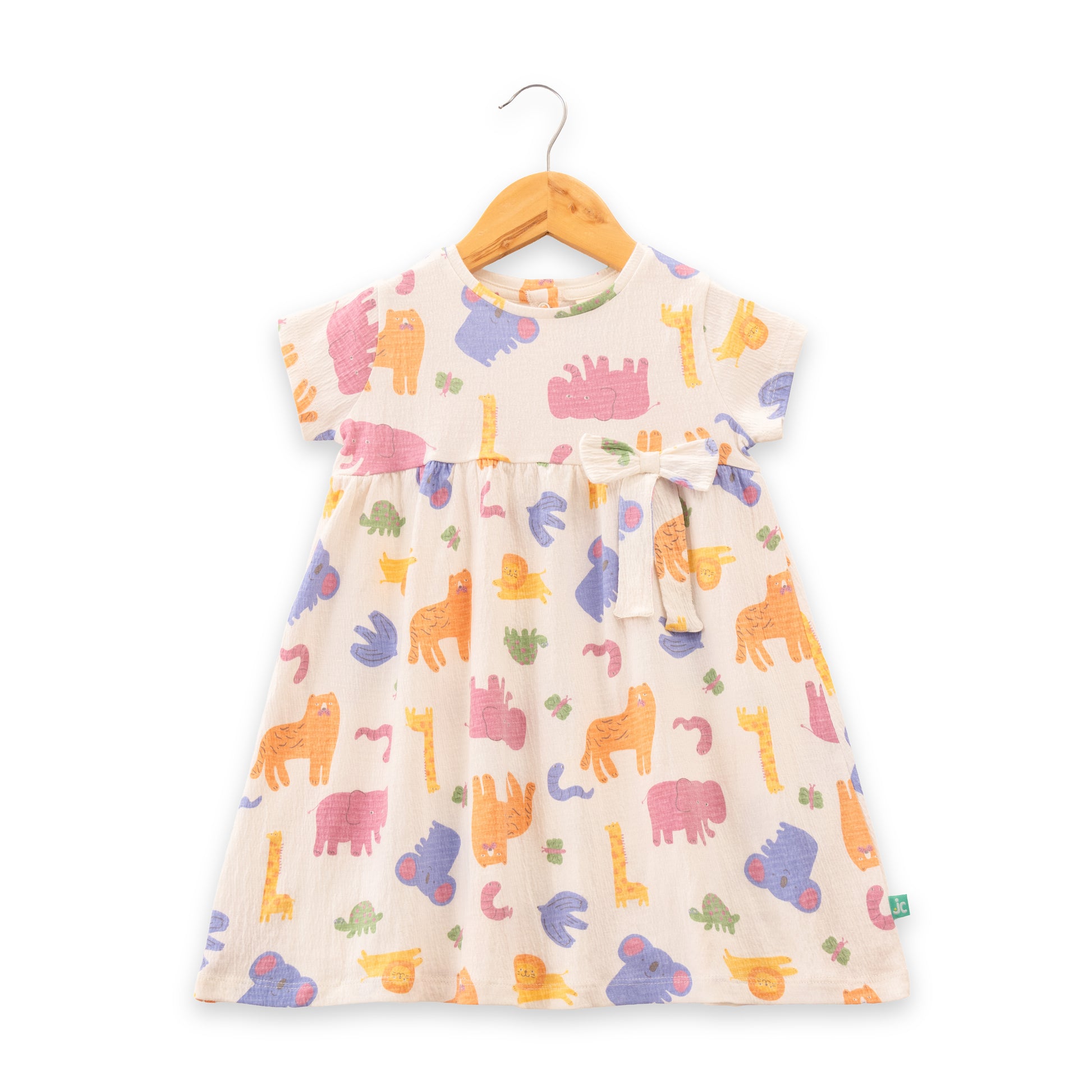 "Baby Girls Multicolor Jungle Animal Print Cotton Dress with Bow – Short Sleeve"
