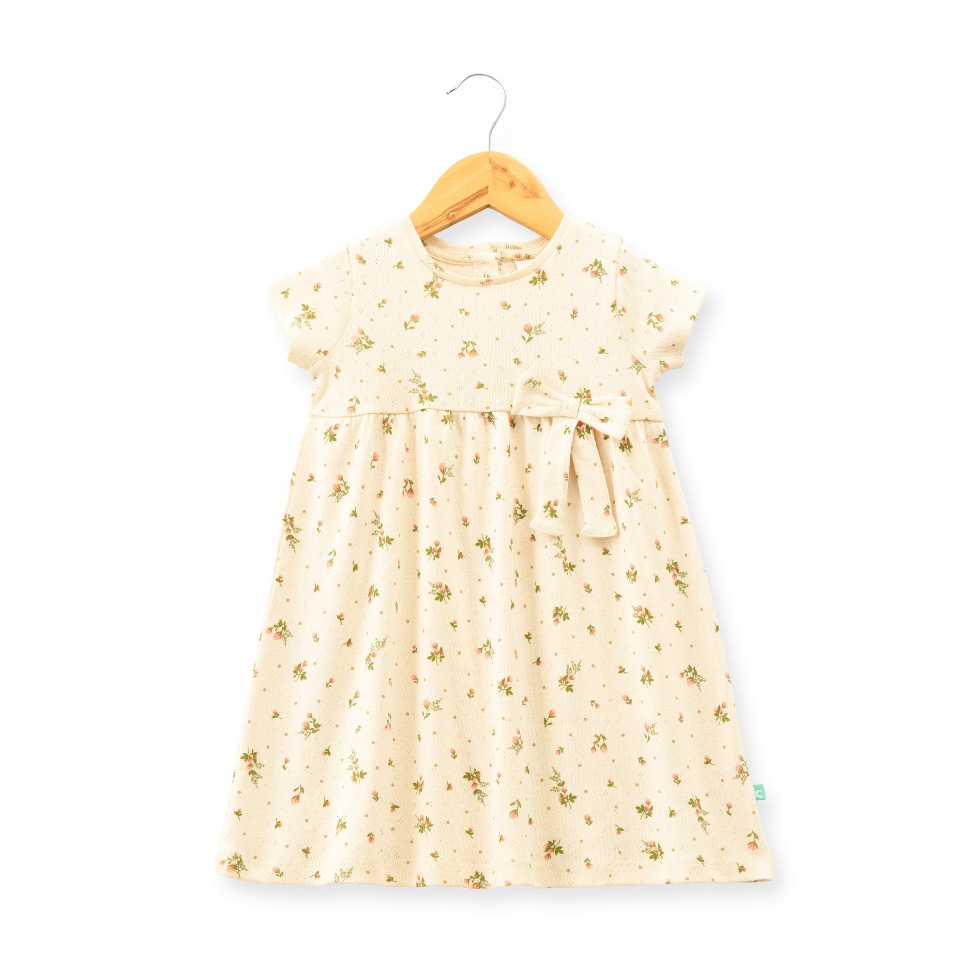 "Baby Girls' Floral Print Cotton Frock with Bow – Off-white"