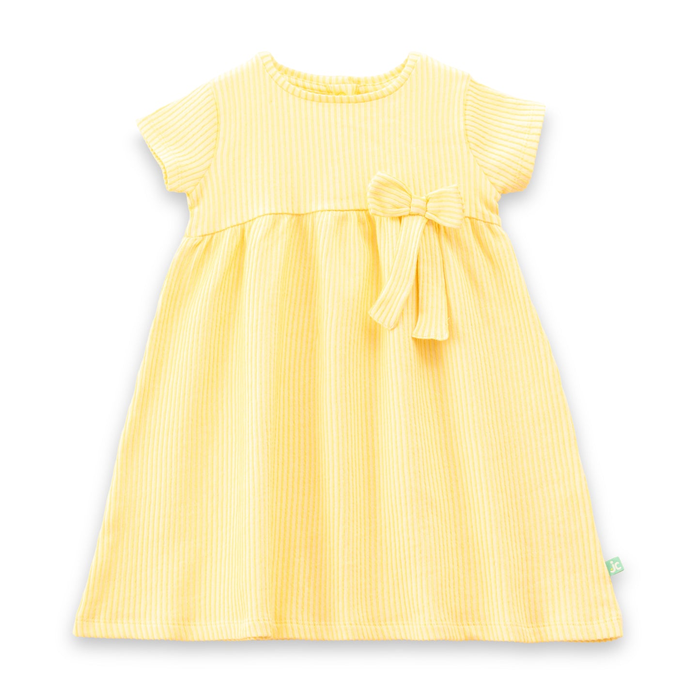 "Baby Girls Yellow Striped Cotton Dress with Bow – Short Sleeve Casual Wear"