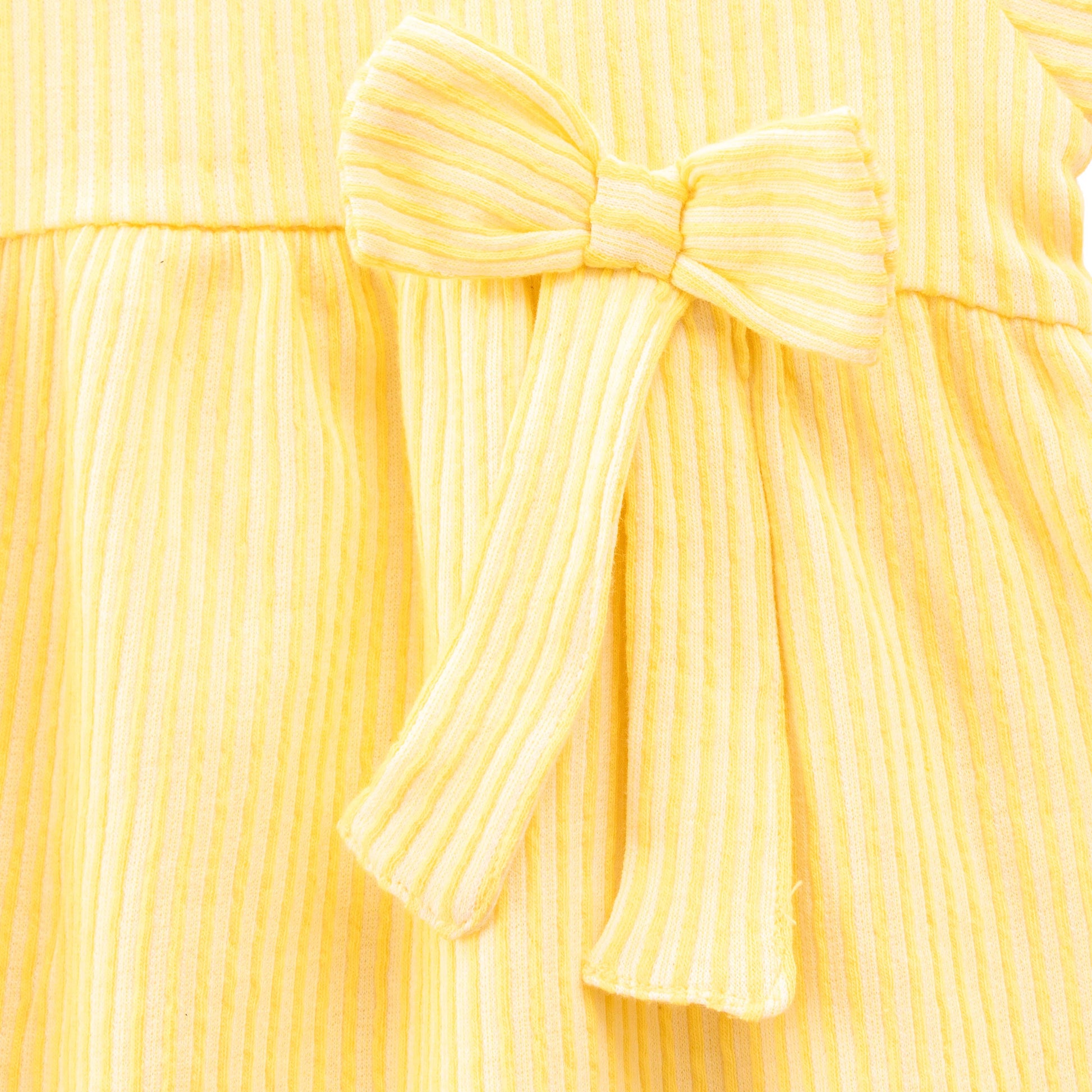"Baby Girls Yellow Striped Cotton Dress with Bow – Short Sleeve Casual Wear"
