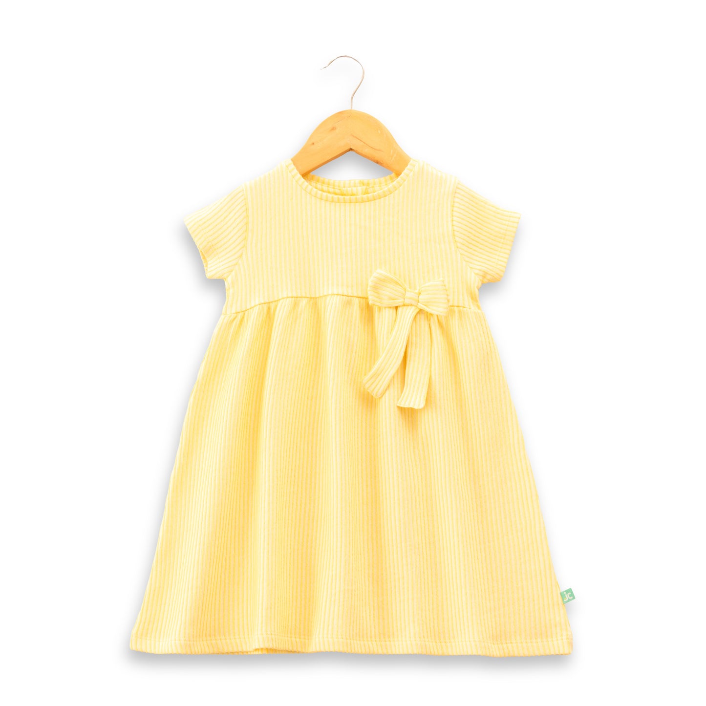 "Baby Girls Yellow Striped Cotton Dress with Bow – Short Sleeve Casual Wear"