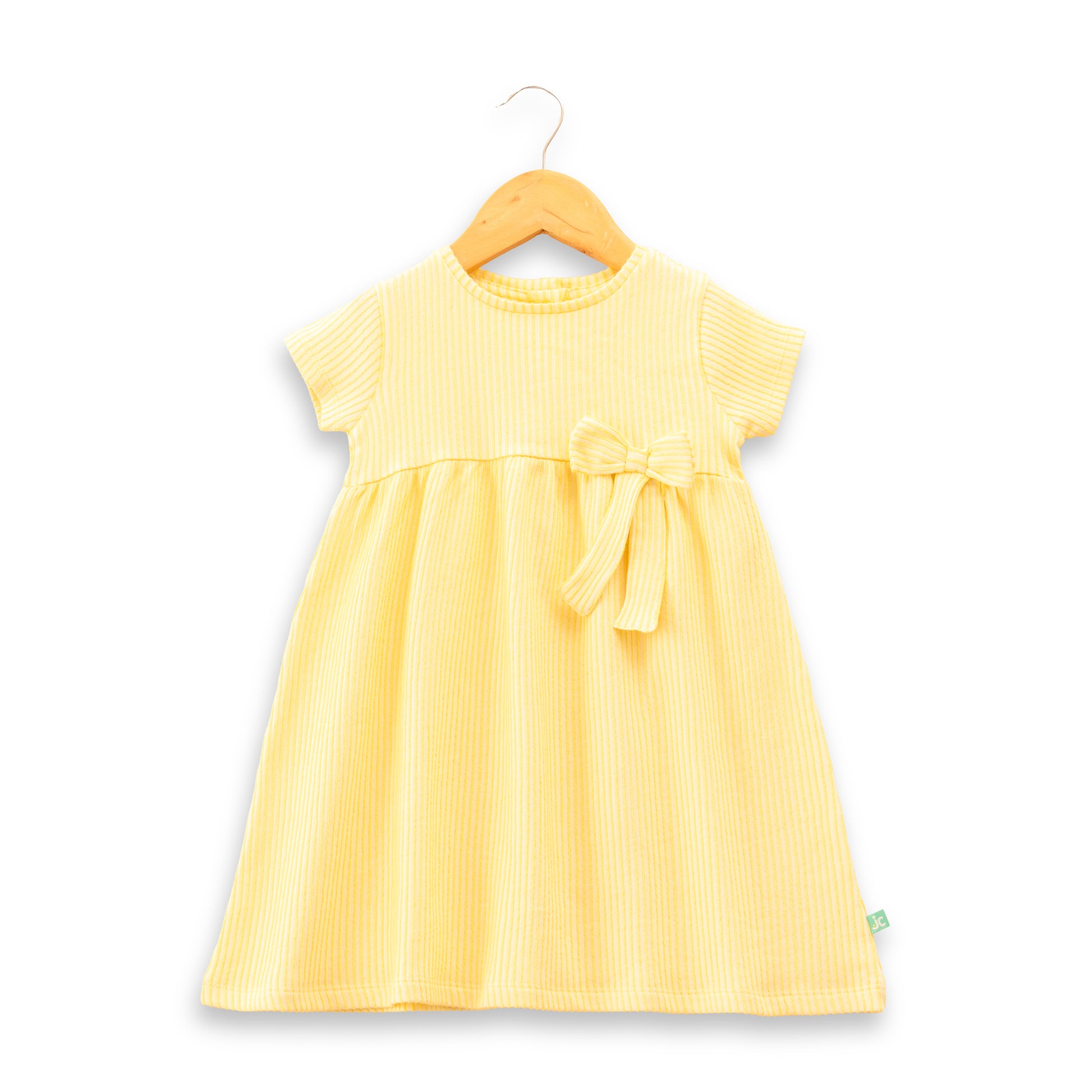 "Baby Girls Yellow Striped Cotton Dress with Bow – Short Sleeve Casual Wear"