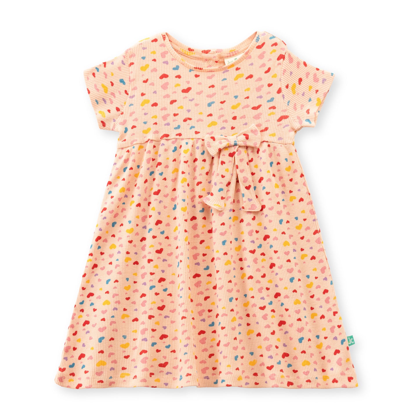 "Baby Girls Pink Printed Cotton Dress with Bow – Colorful Heart Pattern, Short Sleeve"
