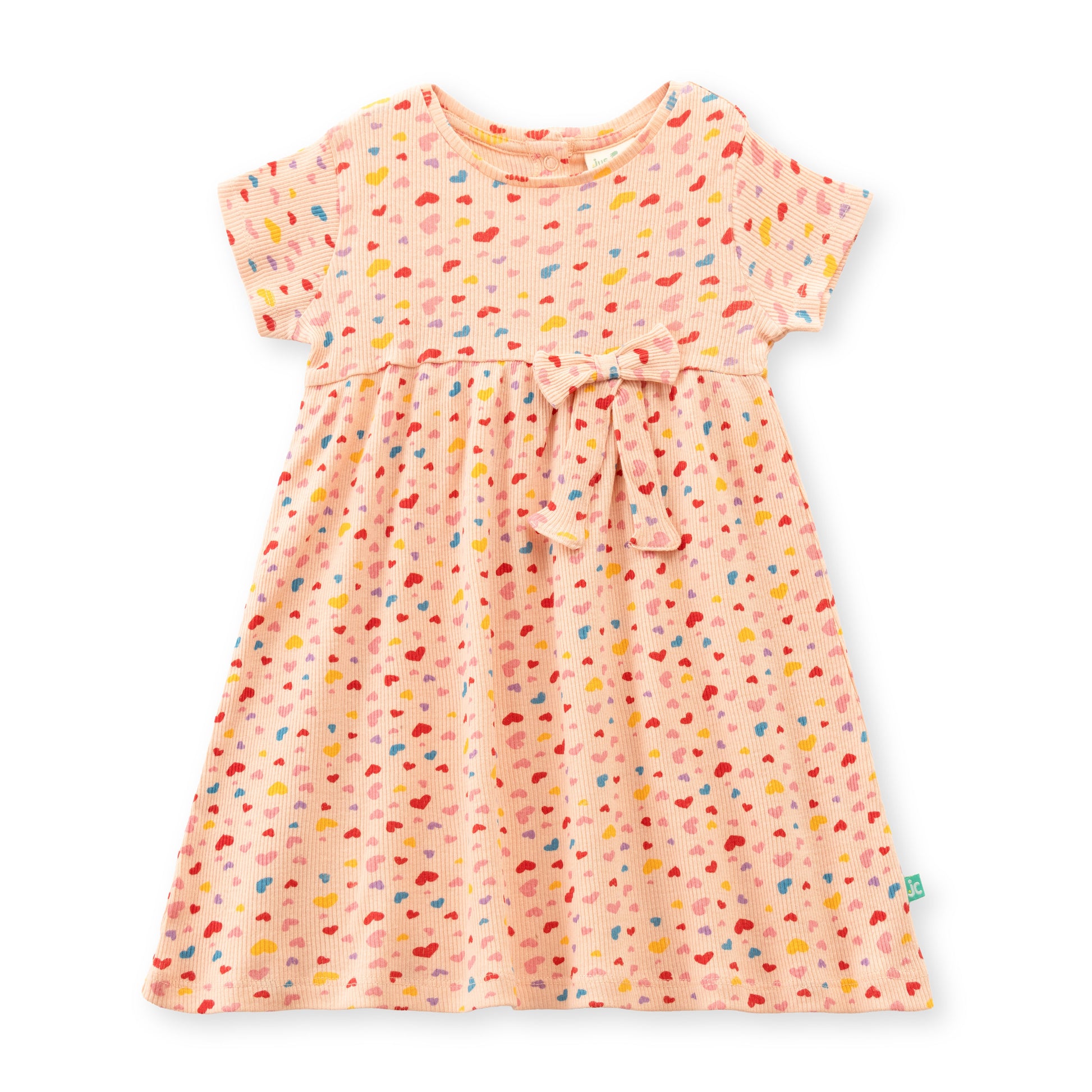 "Baby Girls Pink Printed Cotton Dress with Bow – Colorful Heart Pattern, Short Sleeve"