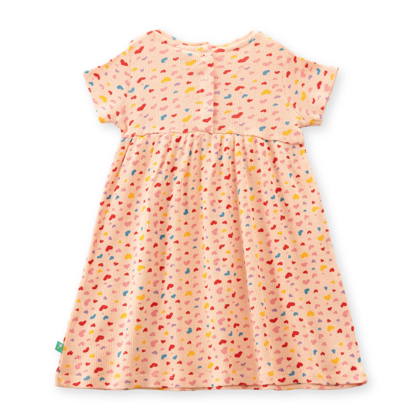 "Baby Girls Pink Printed Cotton Dress with Bow – Colorful Heart Pattern, Short Sleeve"