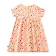 "Baby Girls Pink Printed Cotton Dress with Bow – Colorful Heart Pattern, Short Sleeve"